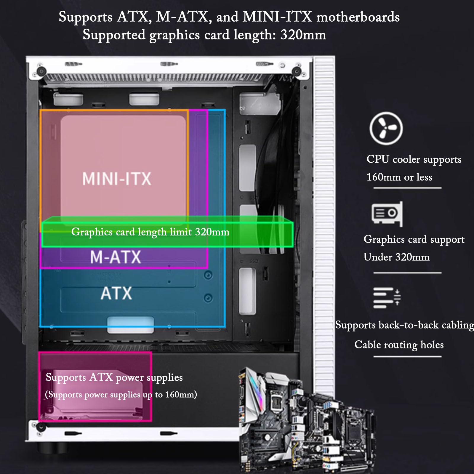 Generic Obudowa PC ATX Mid Tower, czarna, stalowa, 8-wentylatorowy system chłodzenia, 7 gniazd PCI, kompatybilne z ATX/M-/Mini-ITX, obsługa GPU 320 mm, kompilacja komputera do gier (biała)