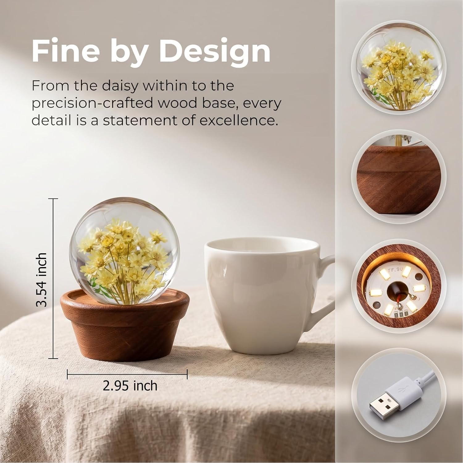 Preserved Flower Crystal Ball Night Light,2.4 inch Flower Resin Sphere with Warm Wood Base,USB Powered Decorative Bedside Lamp,Unique Gift for Women,Mom,Anniversary,Birthday (Yellow Daisy)