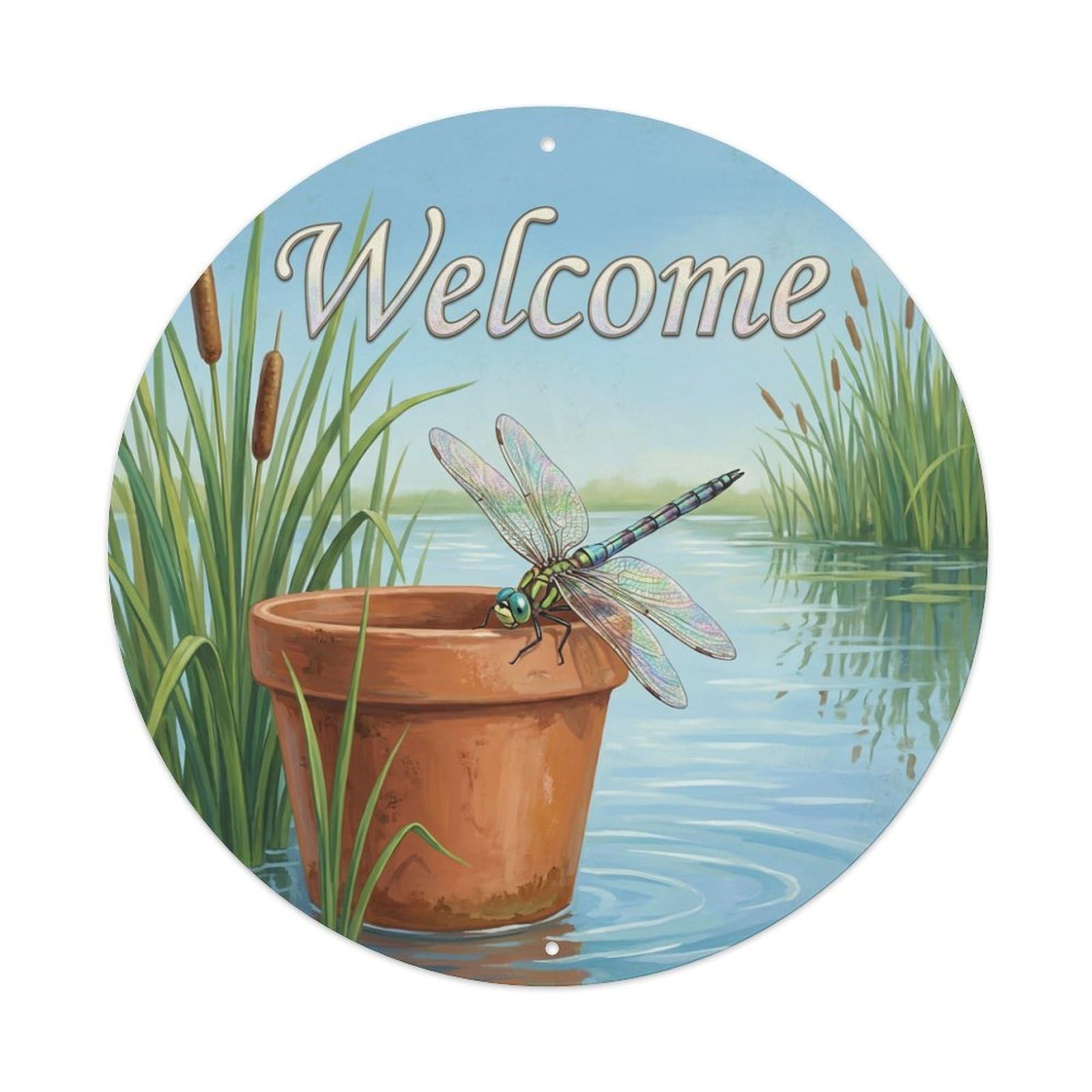 Metal Tin Sign Welcome Dragonfly Water Reed