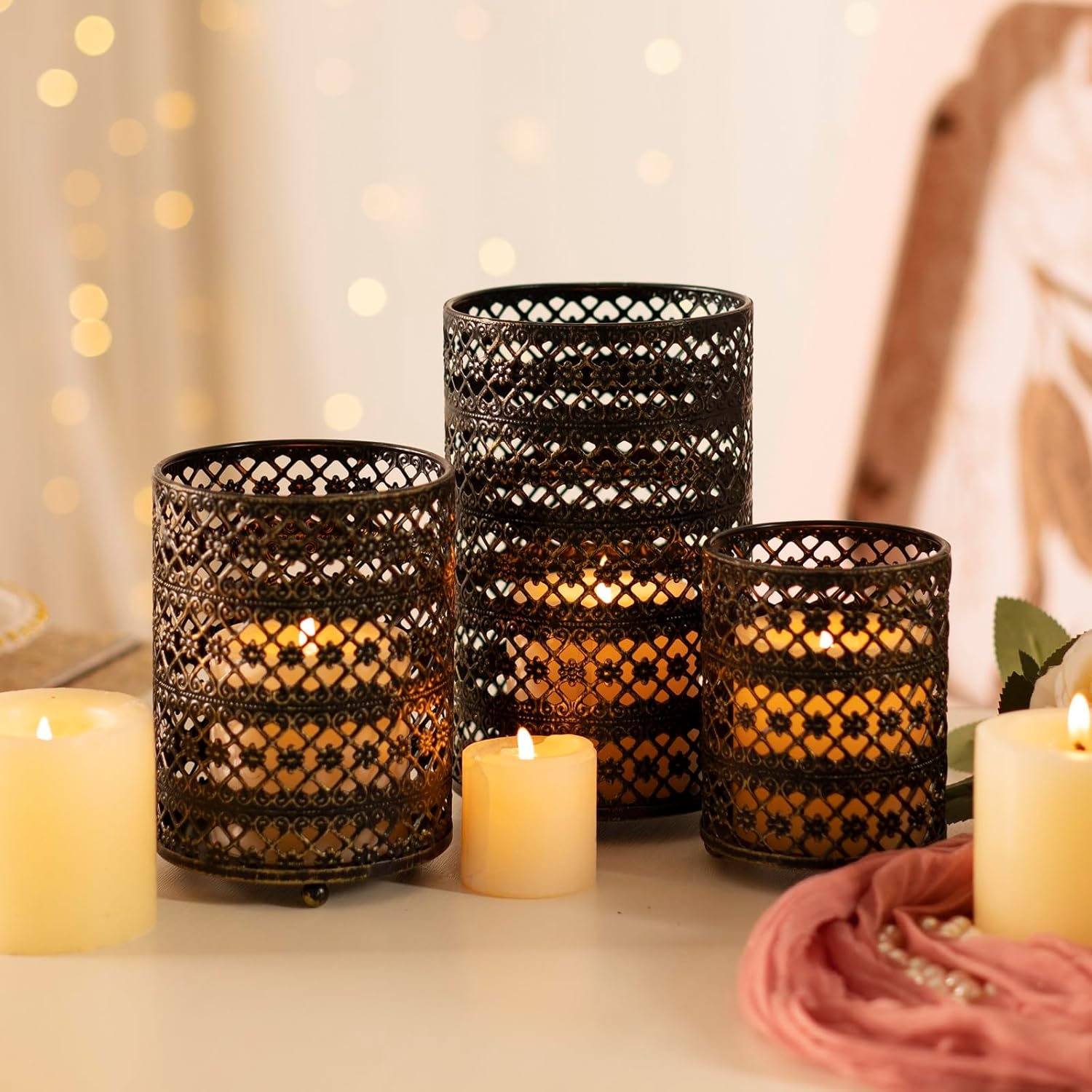 Metal Candle Holders Set of 3, Decorative Tealight Candle Holder Sets, Candlestick for Pillar Vintage Style Perfect for Tabletop Centerpieces Home Decor Wedding Parties Events