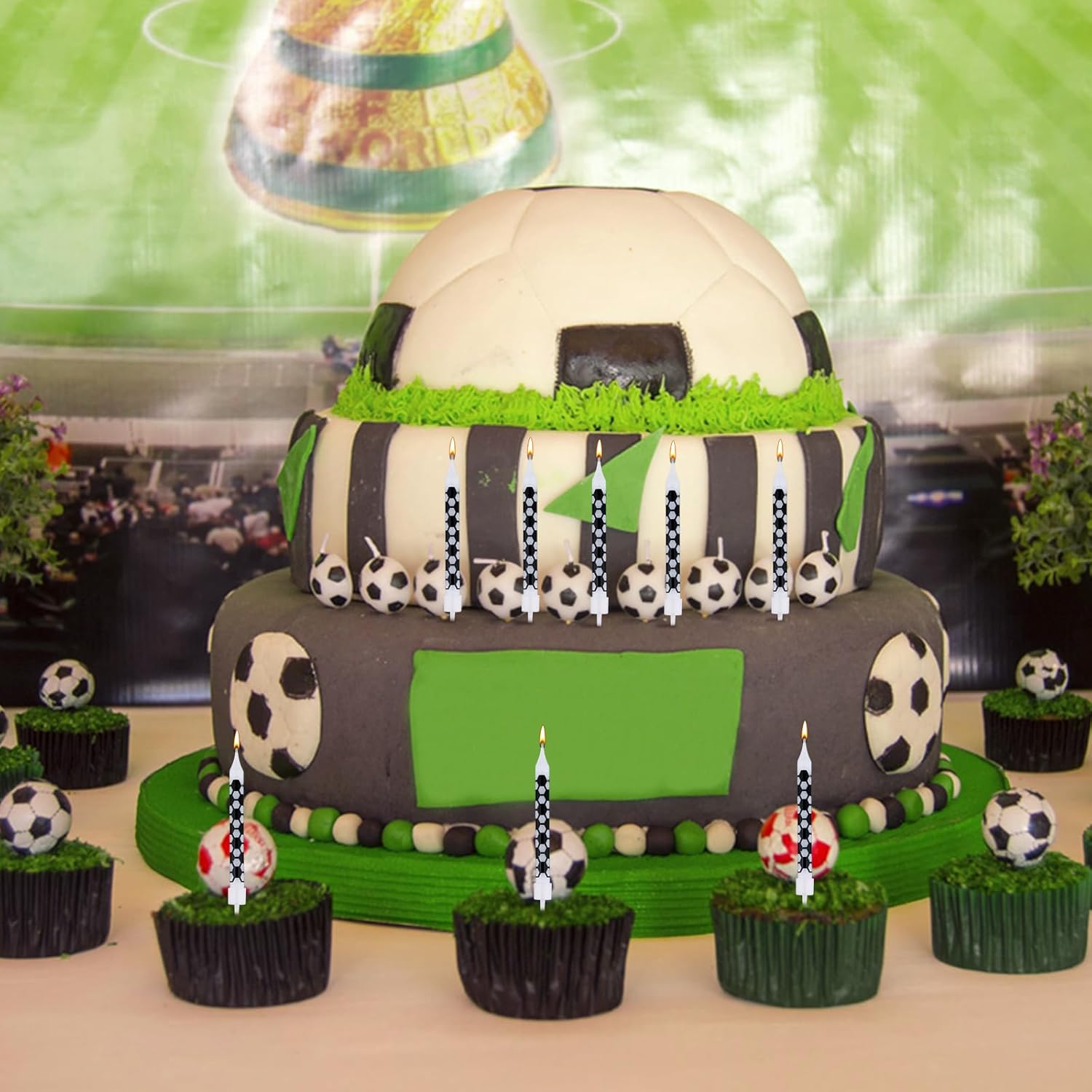 12pcs Black and White Checkered Flag Candles, Soccer Party Birthday Candles Charm Racing Cars Themed Candle for Sports Fans Birthday Wedding Cake Decoration Victory Sports-Themed Kids Supplies