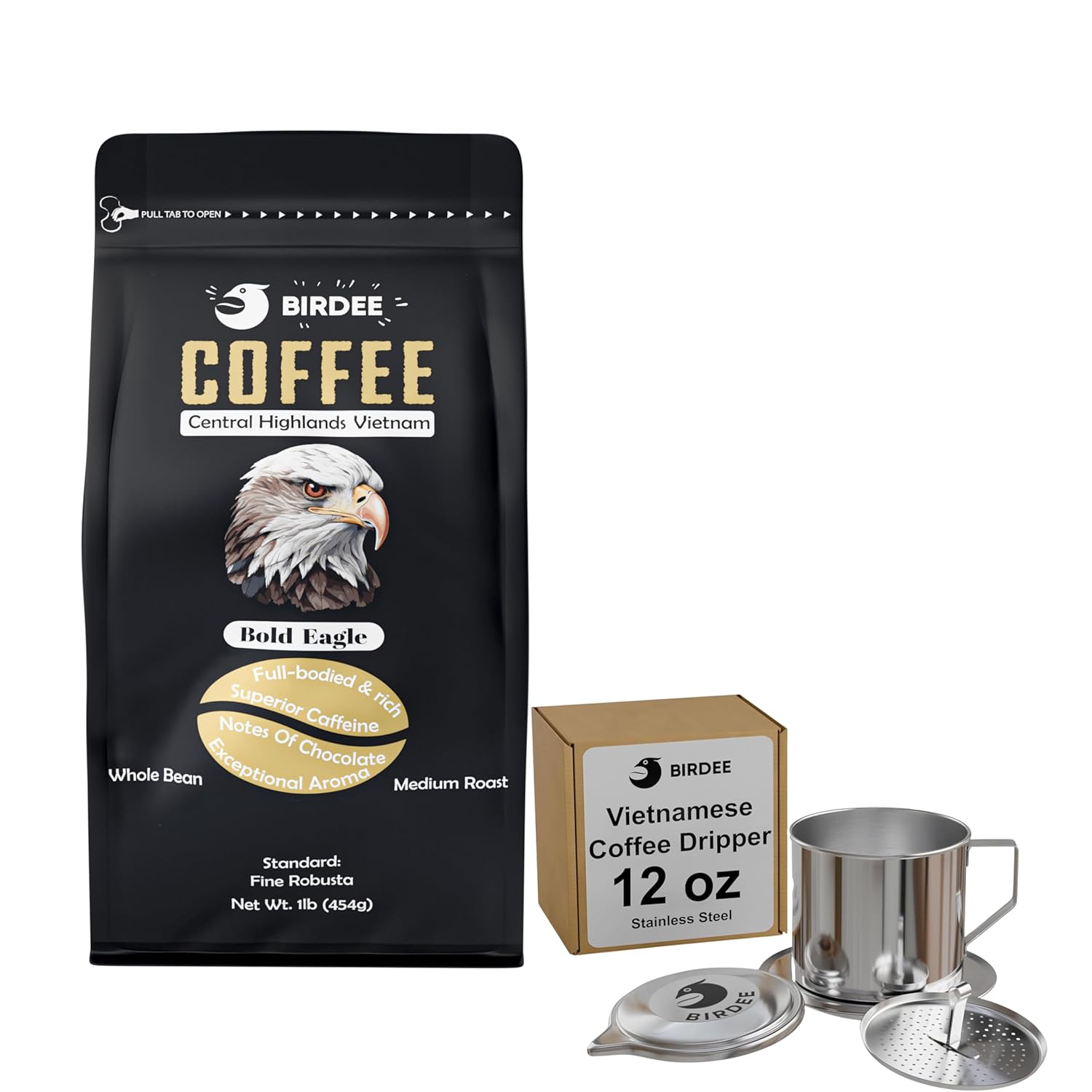 Birdee Vietnamese Coffee Gift Set – Whole Bean 100% Fine Robusta with 12 oz Stainless Steel Phin Filter – Bold, Smooth & Authentic