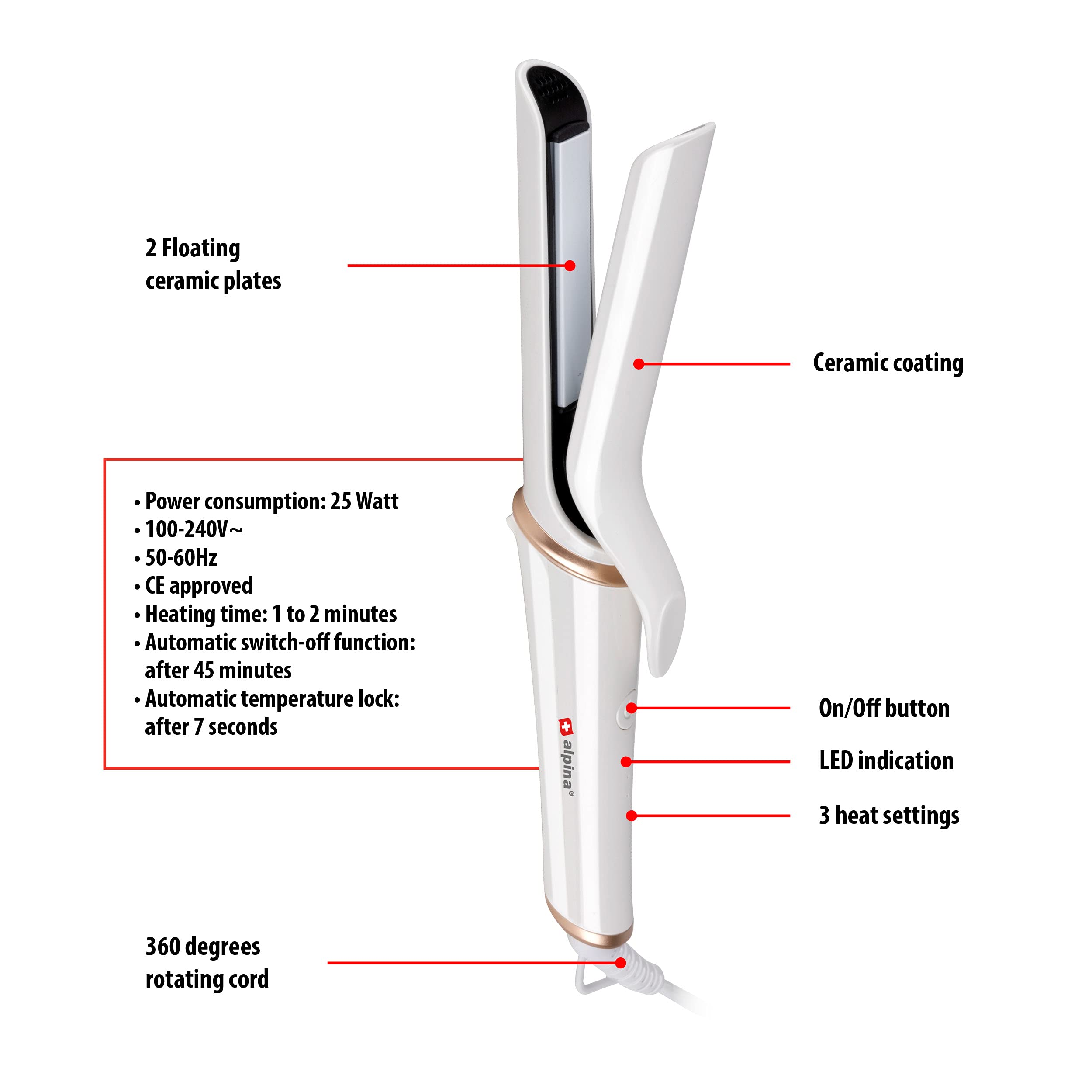 Alpina Hair Straightener with Ceramic Plates, 3 Temperatures, Smooth, Smooth and Shiny Hair - Image 4