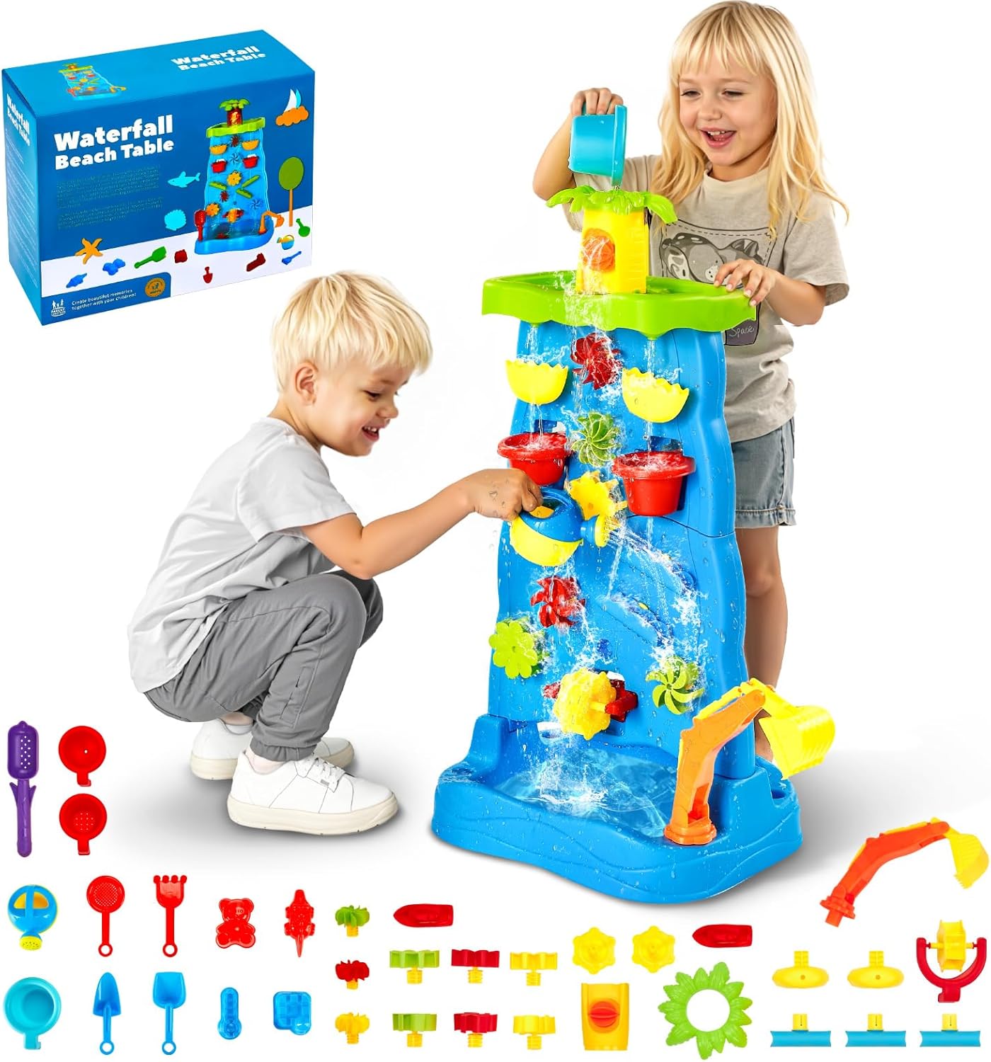 VEVOR Sand and Water Table for Toddlers, Double-Sided Kids Activity Waterfall Playset with 37PCS Accessories, Kids Activity Sensory Table, Outdoor Summer Sand Water Play Table for 3+ Years Boys Girls