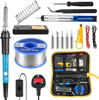 Soldering Iron Kit, 60W Welding Tools with Adjustable Temp 200-450°C and ON/Off Switch, 5 Soldering Tips, Desoldering Pump, Solder Wire, Wire Stripper Cutter, Stand, Tool Case
