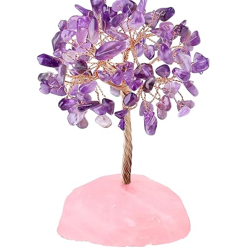 QINJIEJIE Crystal Tree Healing Crystals Amethyst, Purple Gravel Gemstone, Rose Quartz Pink Base, Copper Wire Life Stones Artificial Energy Desk Decor, Spiritual Meditation Gifts