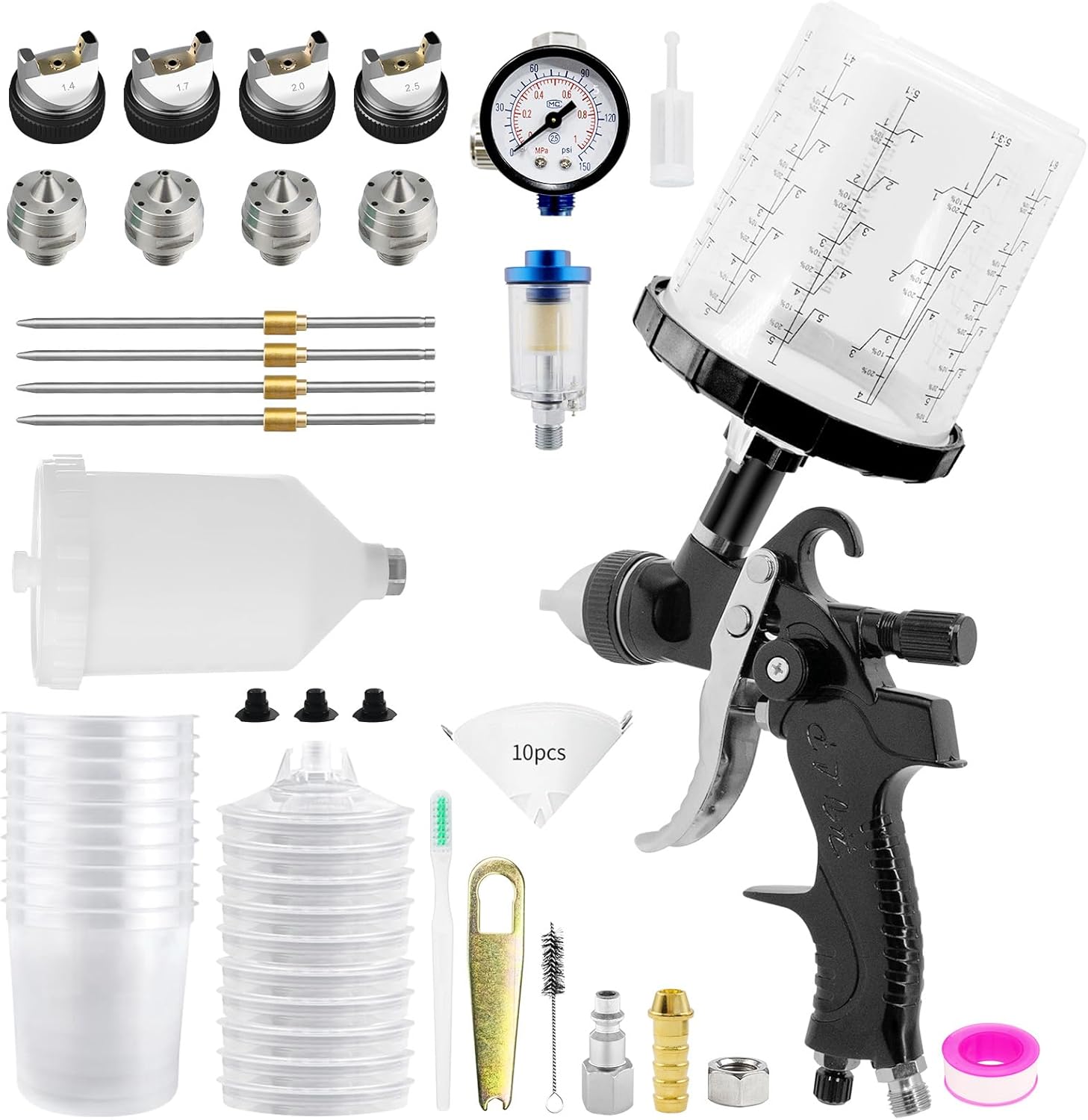 HVLP Spray Gun with 10Pcs 650ML Disposable Paint Cups, Automotive Paint Gun with 1.4/1.7/2.0/2.5mm Nozzles, Gravity Feed Air Paint Gun for Car,House Painting (Black)