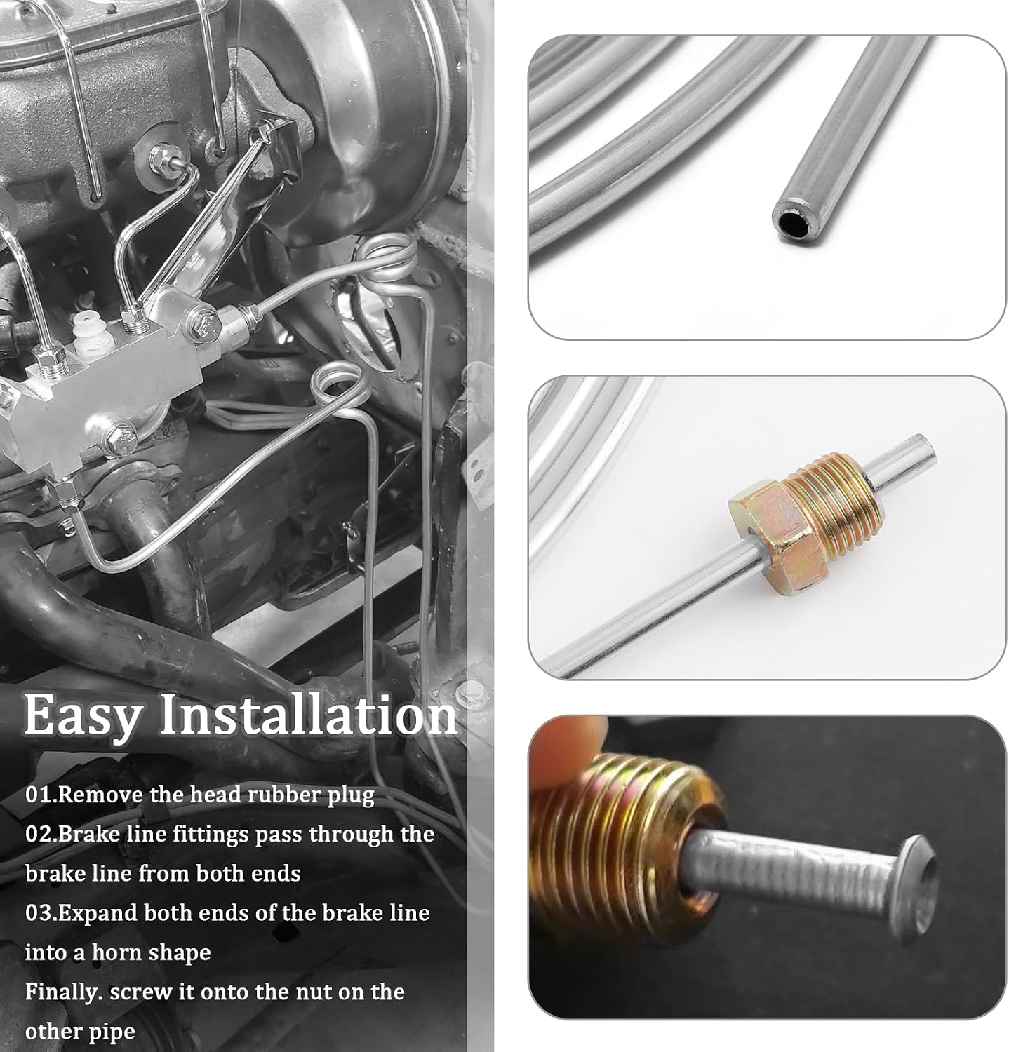 25Ft 1/4 Brake Line Kit with 16 Inverted Flare Brake Line Fittings,Flexible Rear Brake Line Kit for Hydraulic Brakes Fuel Transmission System,Brake Line Repair Kit Universal Cars Accessories (Silver)