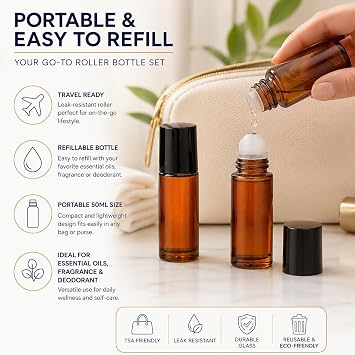 50ml ガラスエッセンシャルオイルローラーボトル 詰め替え可能 ロールオン容器 漏れ防止 旅行用空のボトル用 2個