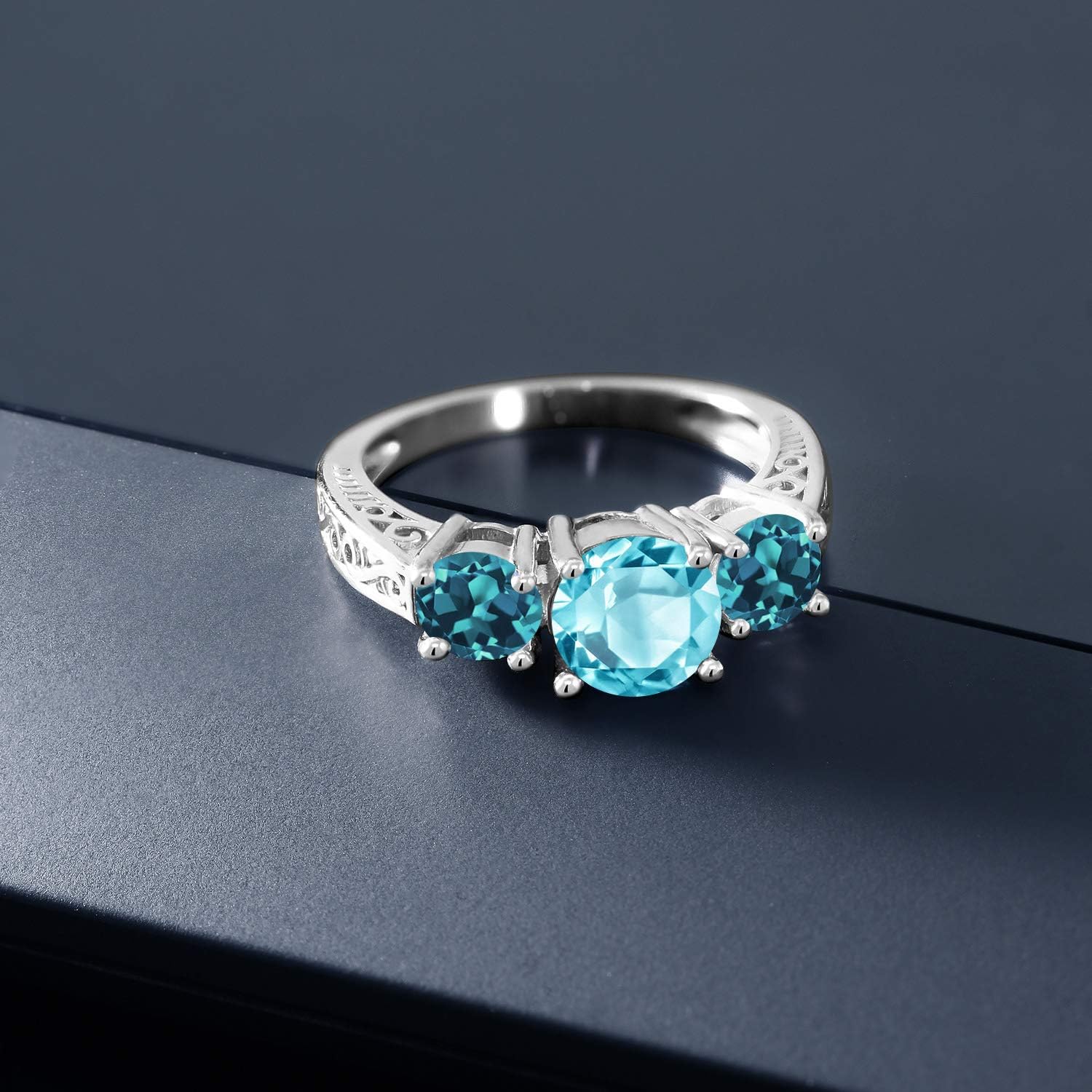 Gem Stone King 2.40 Cttw Swiss Blue and London Blue Topaz 3-Stone Ring For Women | 925 Sterling Silver | Gemstone Birthstone | 3 Stone Wedding Engagement Anniversary Promise Ring