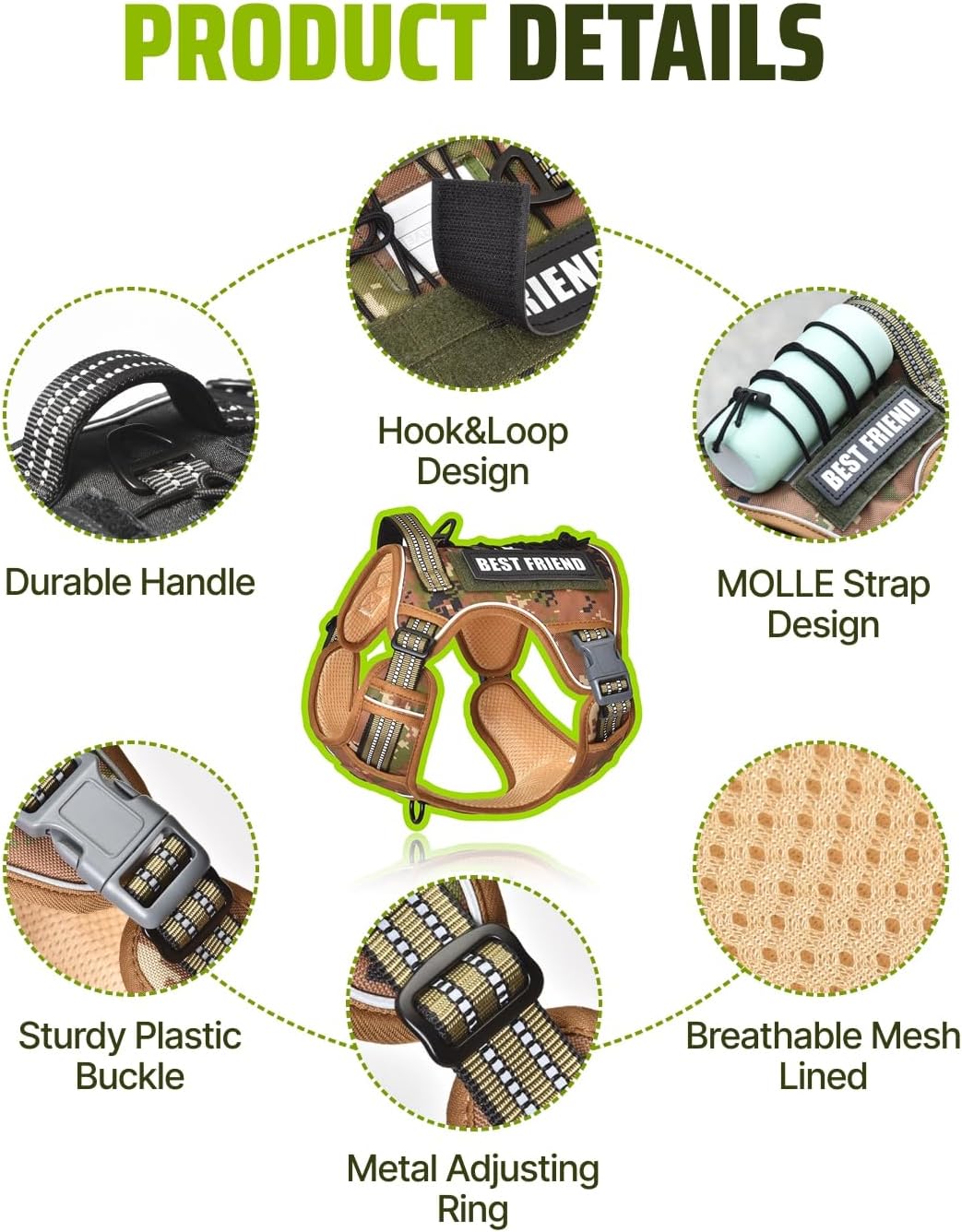 Tactical Dog Harness No-Pull Military Vest for Medium & Large Dogs, Adjustable Reflective Escape-Proof Vest with MOLLE System, Handle Control for Training, Walking, Outdoor – Camo
