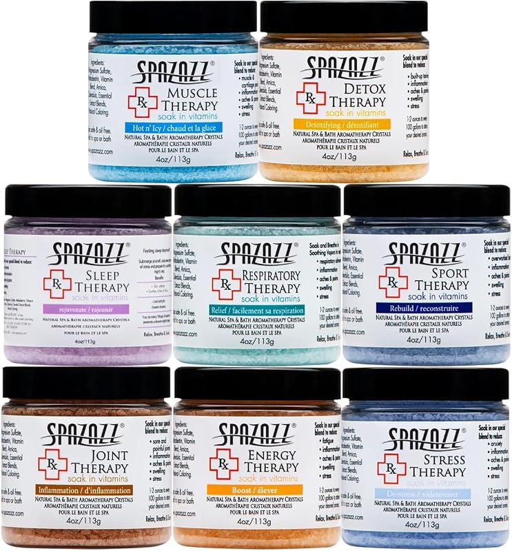 Spazazz RX Therapy Cristais de Sal Aromáticos para Banheira de Hidromassagem e Spa, Pacote de Amostras com 7 unidades de 113 g