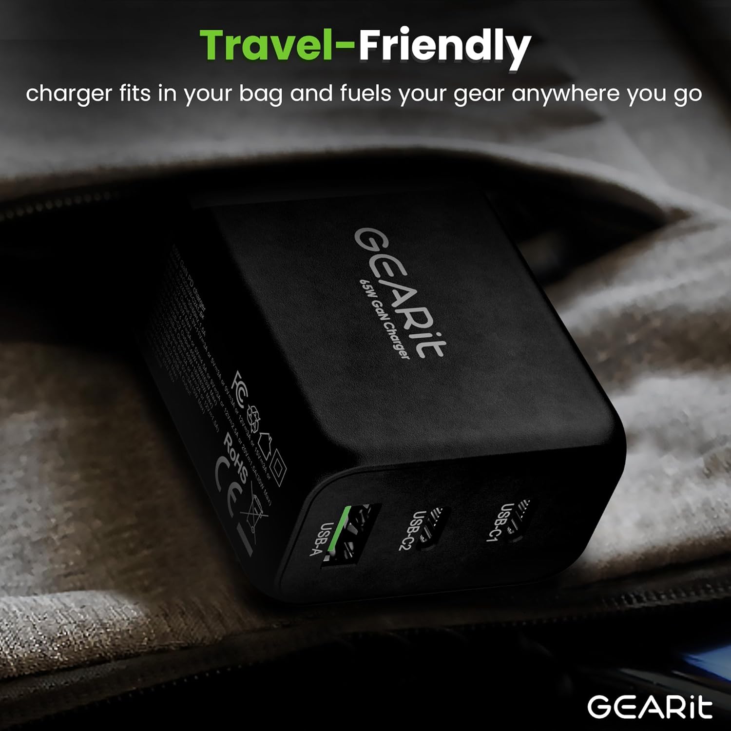 GEARit USB C Charger Block, 65W 3-Port Fast Charging Adapter, Compact Foldable PD Charger, Compatible with MacBook Pro/Air, iPad, iPhone 17/16/15/14, Galaxy S25/S20, Pixel, and More