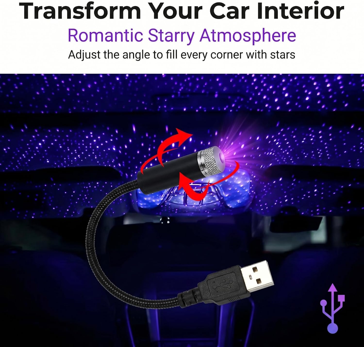 USB Star Projector Night Light, Portable Adjustable Romantic Interior Roof Car Lights, Bending Freely Portable Auto Roof Lights Decoration for Car, Ceiling, Bedroom (Violet Blue) image 3