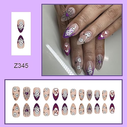 Miniatura 6 de Uñas postizas a presión de Halloween, uñas postizas medianas de almendra, cobertura completa, tela de araña, sangre de Halloween, diseños de uñas