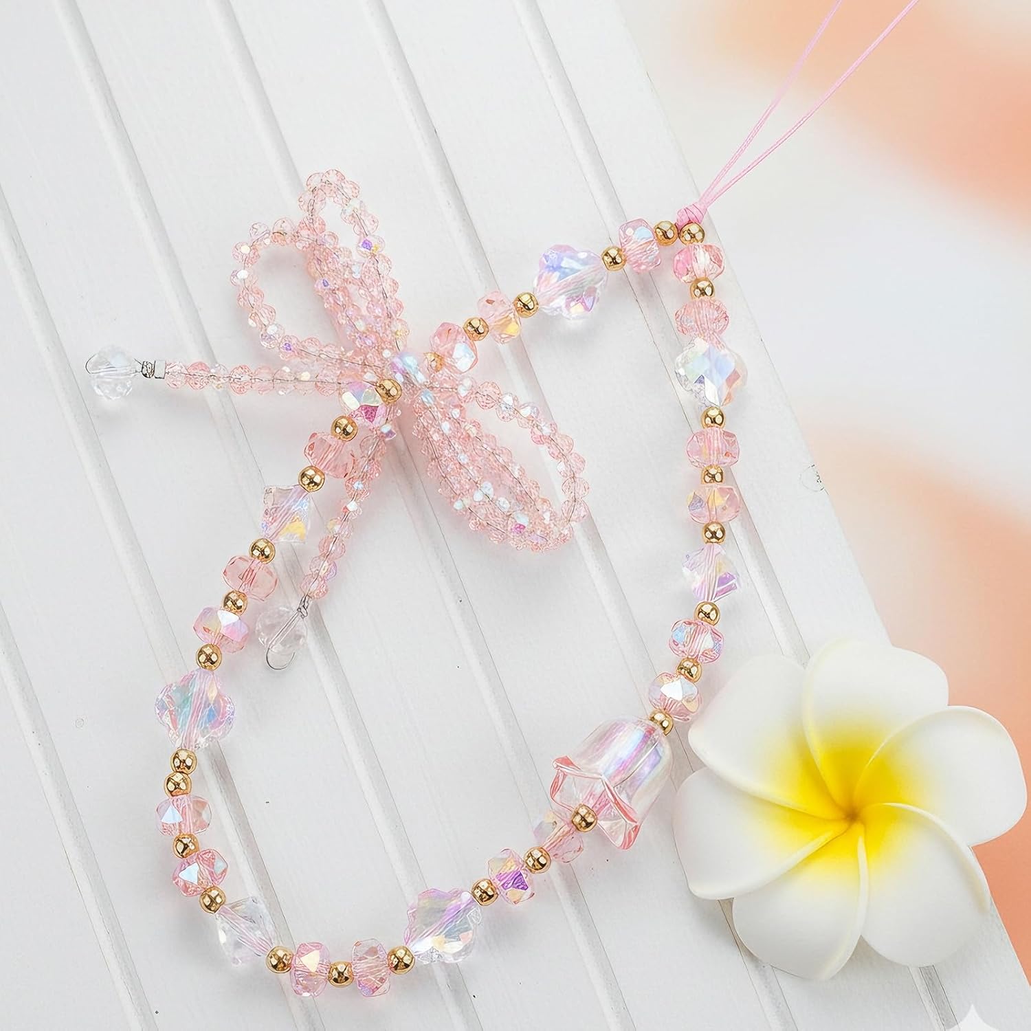 Mabor Pink Phone Charm Wrist Strap, Cute Butterfly Flower Beaded Cell Phone Charm, Crystal Aesthetic Accessories Chain Charms Y2K String for Bag Camera USB Decoration