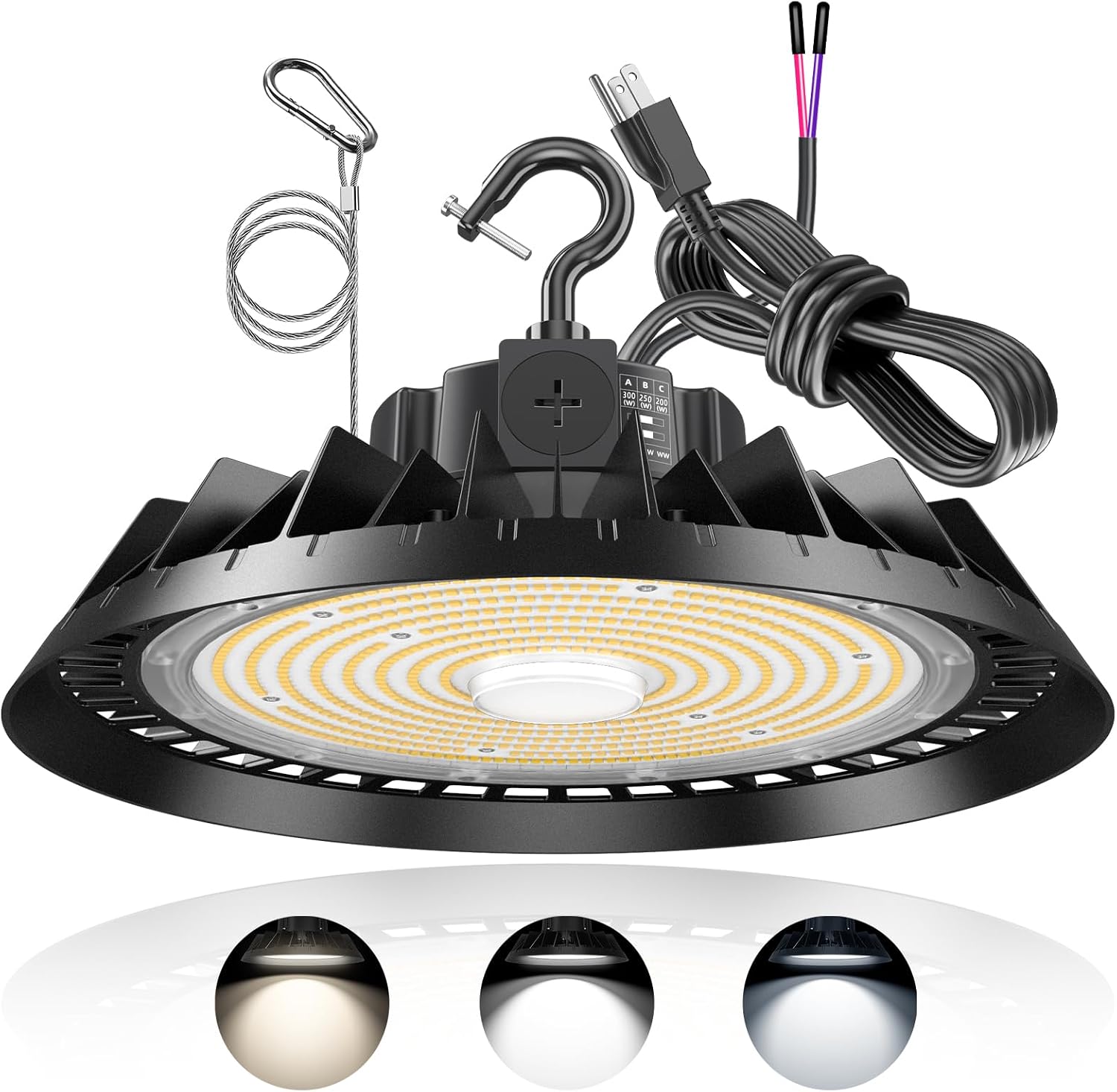UFO LED High Bay Light 200W 160W 120W Adjustable, 4500K/5000K/5700K High Bay LED Shop Light with 5ft Cable, ETL Listed, AC100-277V, IP65 Waterproof Commercial Bay Lighting for Shop/Garage/Factory