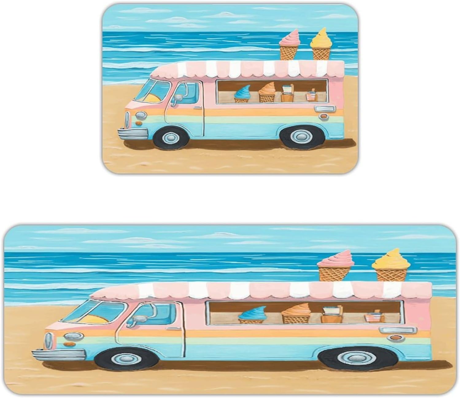 Summer Beach Ice Cream Truck Kitchen Mat Kitchen Rug Set | Kitchen Rugs Flannel Velvety Washable breathable Water Absorbent Soft ，kitchen utensils for Kitchen, Floor,Laundry