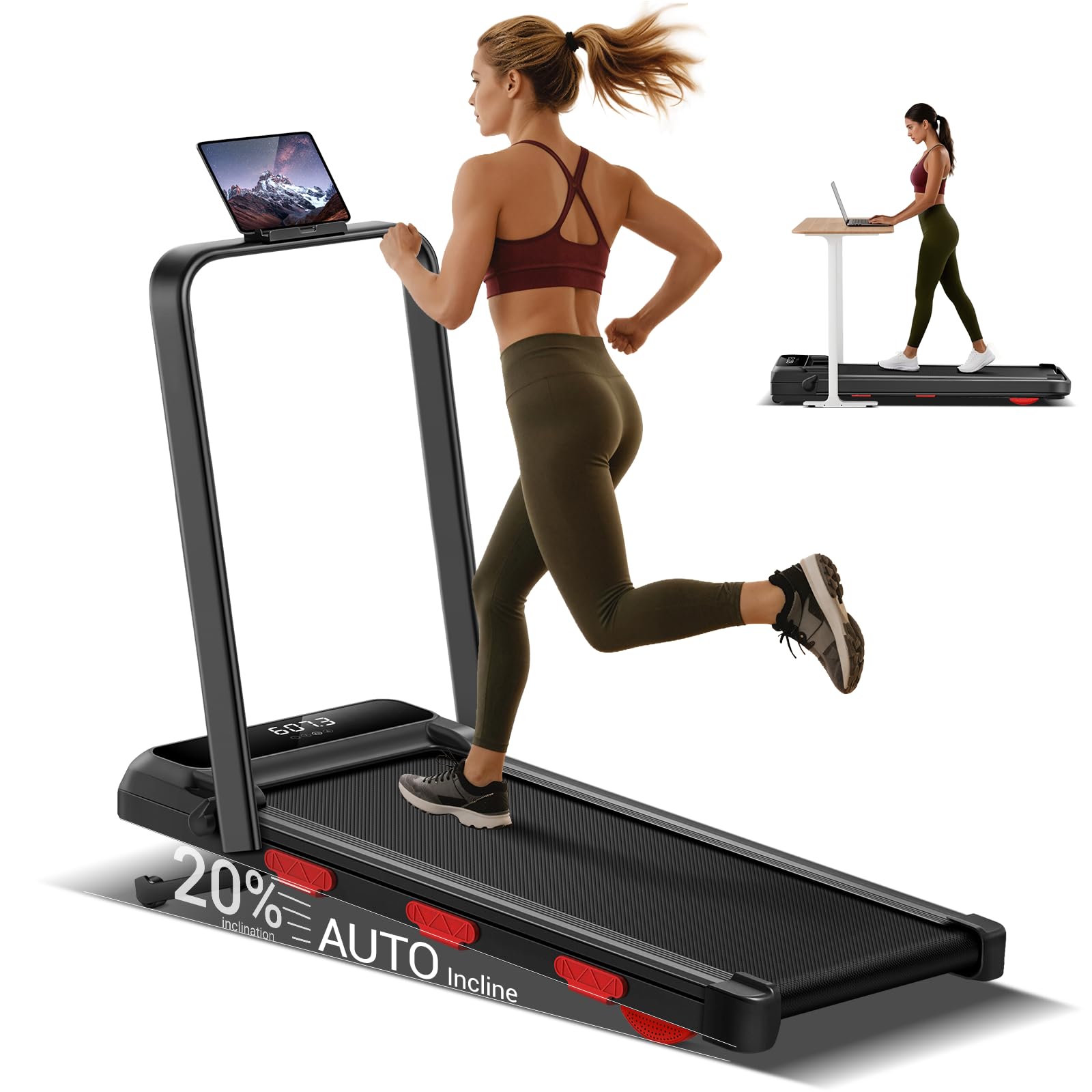 CURSOR Bieżnia Składana do Domu z Automatycznym Nachyleniem 20% | 1-12 km/h Bieżnia Kompaktowa,Cichy Silnik 3,0 KM i Wyświetlacz LED,Treadmill Walking Pad Maksymalne Obciążenie 159 kg