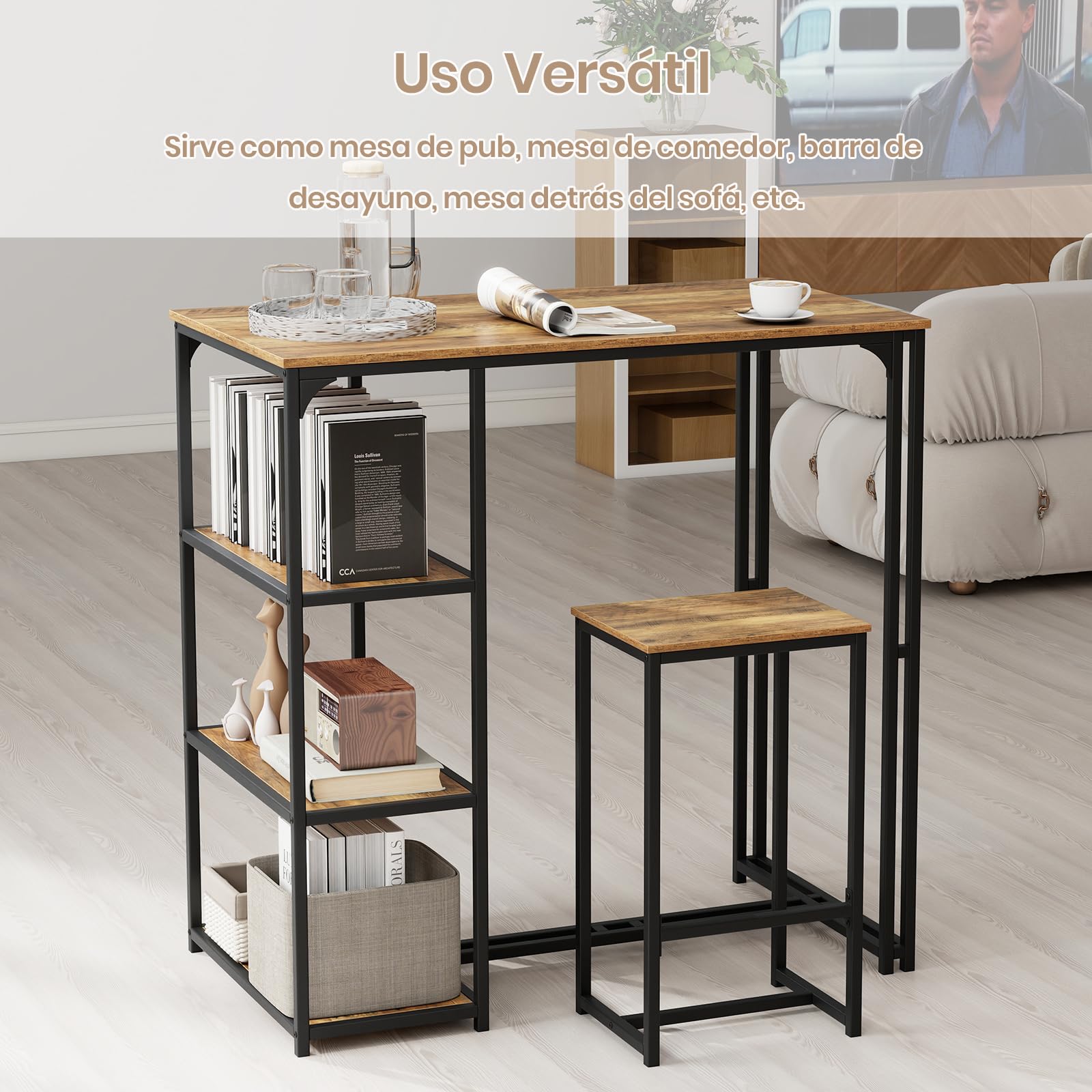 COSTWAY Juego de Mesa y Taburetes de Bar, 110x60x110 cm, Mesa Alta de Cocina con 2 Taburetes, 3 Estantes, Marco de Metal, Muebles de Bar Industrial para Cocina, Salón, Comedor, Desayuno, Marrón