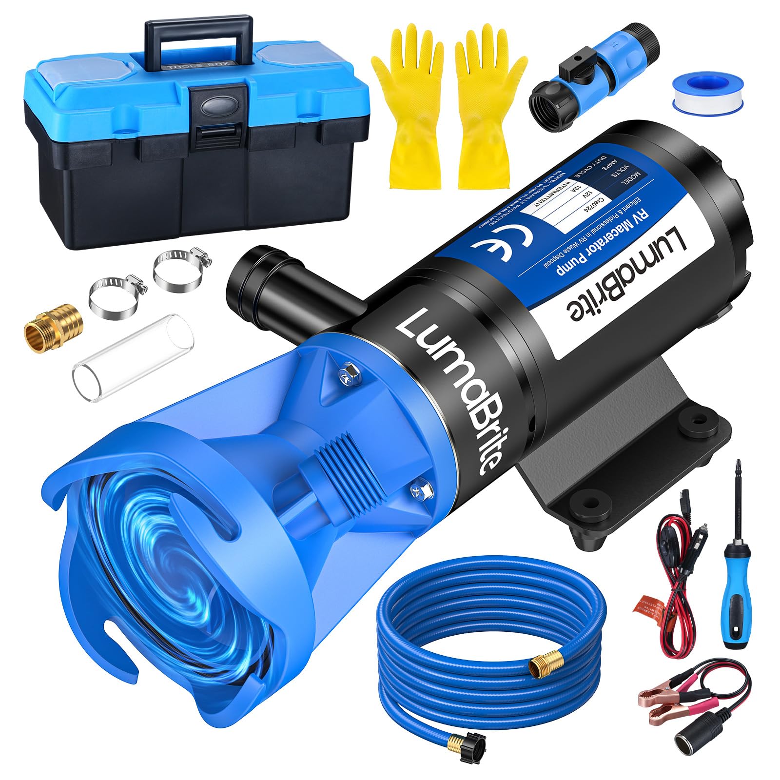 12V Macerator Pump for RV, Macerator Pump System for Caravans Self-Priming & Portable 12GPM 10FT Lift Fast 4-Minute Empty for RV & Boat Tanks, Full Protection Kit Storage Box & Hose Included