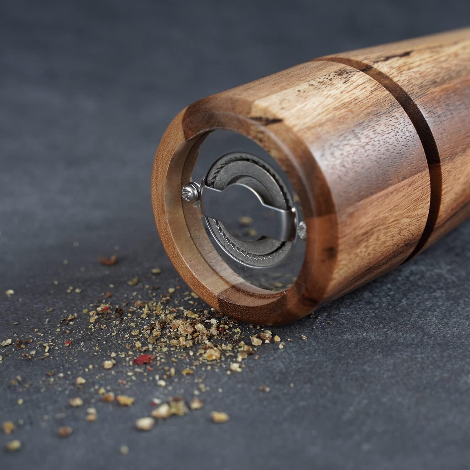 Pepper Grinder, Pepper Mill with Adjustable Stainless Steel, Acacia Wood, 16.5 cm Height, Bottom Dia: 5 cm, Upper Dia: 4.5 cm (Tray is NOT Included)