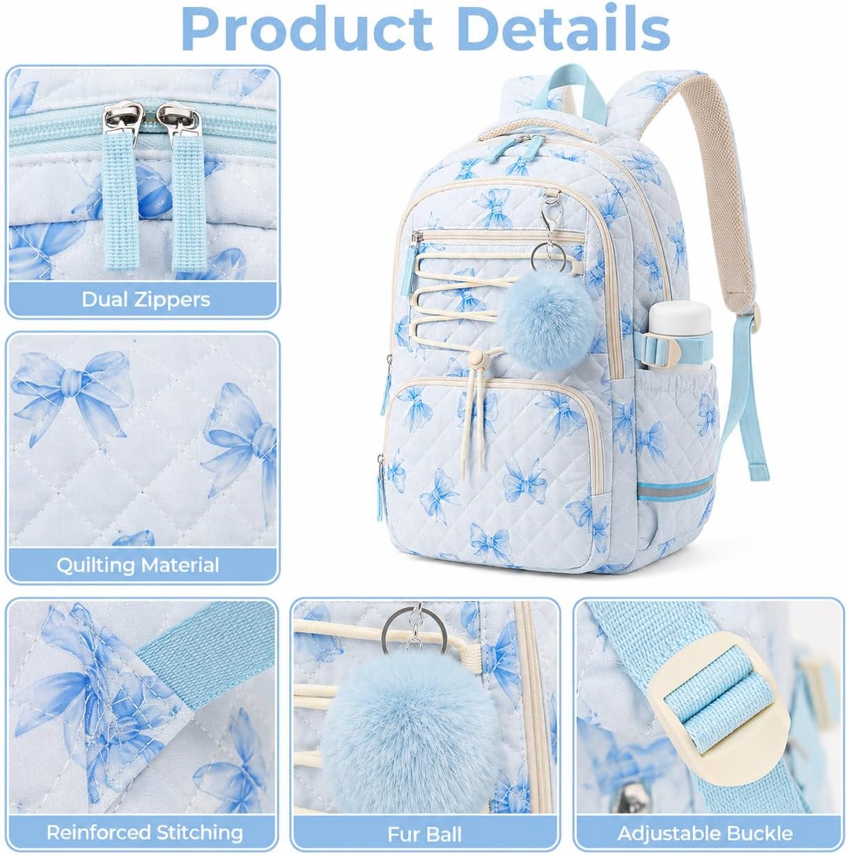 WOBAGMEN Backpack for Women,Cute Quilted Backpack with Multi-Pocket, Lightweight Anti Theft Bookbag Fits 15.6" Laptop (Blue Bow, M) image 3