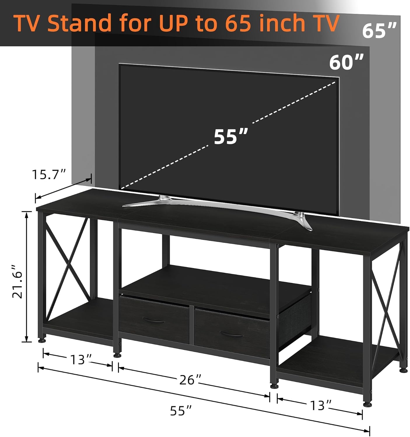 GYIIYUO TV Stand with Fabric Drawers for 55 60 65 Inches TV - Entertainment Center and Industrial TV Console Table with Open Storage Shelves for Living Room, Bedroom - 55.1" Black 55.1 in Black