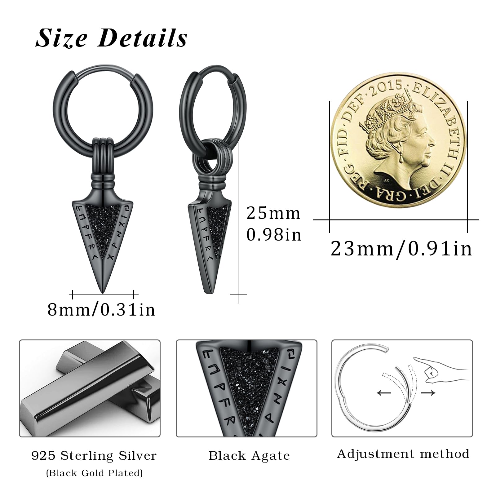 Schwarz Creolen 925 Sterling Silber Pfeilspitze Ohrringe Schwarz Ohrringe Wikinger Schmuck Geschenk für Ihn Männer Herren Sohn