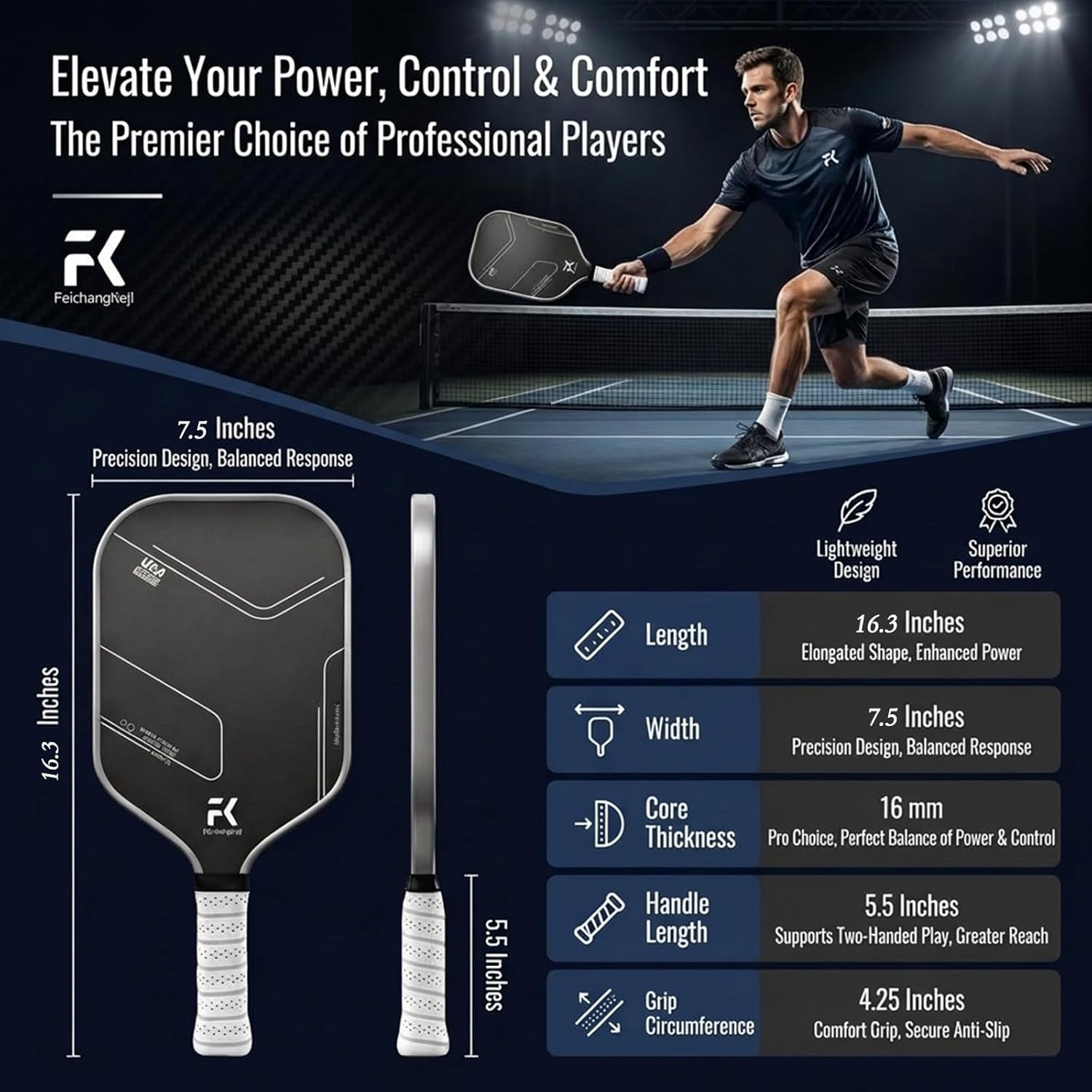 Pickleball Paddles Set of 2 T700 & 16mm Carbon Fiber Pickleball Paddles with CMS Matte Surface Lightweight Honeycomb Core & Durable Edge Guard Protector & Comfortable Grip