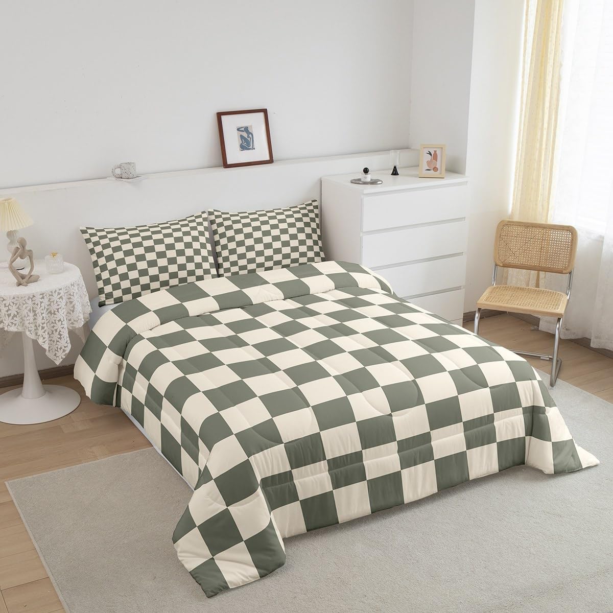 Manfei Green Khaki Plaid Comforter Set Toddler Size 2 Pcs,Modern Simple Style Bedding Set,Abstract Grid Patchwork Quilt Set for Child Bedroom,Duvet Insert,1 Pillowcase