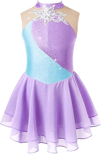 FEESHOW Vestido de baile de patinaje sobre hielo con lentejuelas brillantes sin mangas para niños y niñas