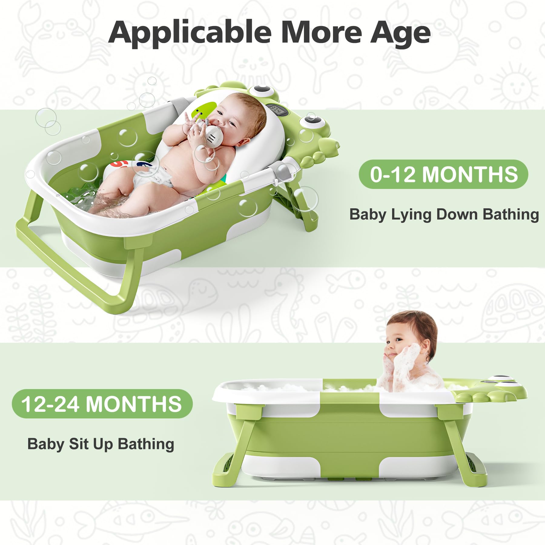Bañera plegable para recién nacidos con termómetro y cojín flotante suave, portátil y plegable, bañera de viaje para bebés y niños pequeños de 0 a 36 meses (verde)