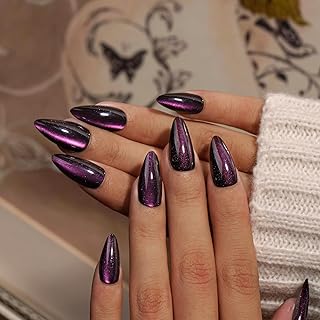 KQueenest Cat Eye Press On Nails Almond, 30 Pcs Glitter Black Purple Press On Nails Medium, Dark Sparkly Fake Nails With Glue, Reusable Chrome Glue on Nails Press ons for Women, Goth Style