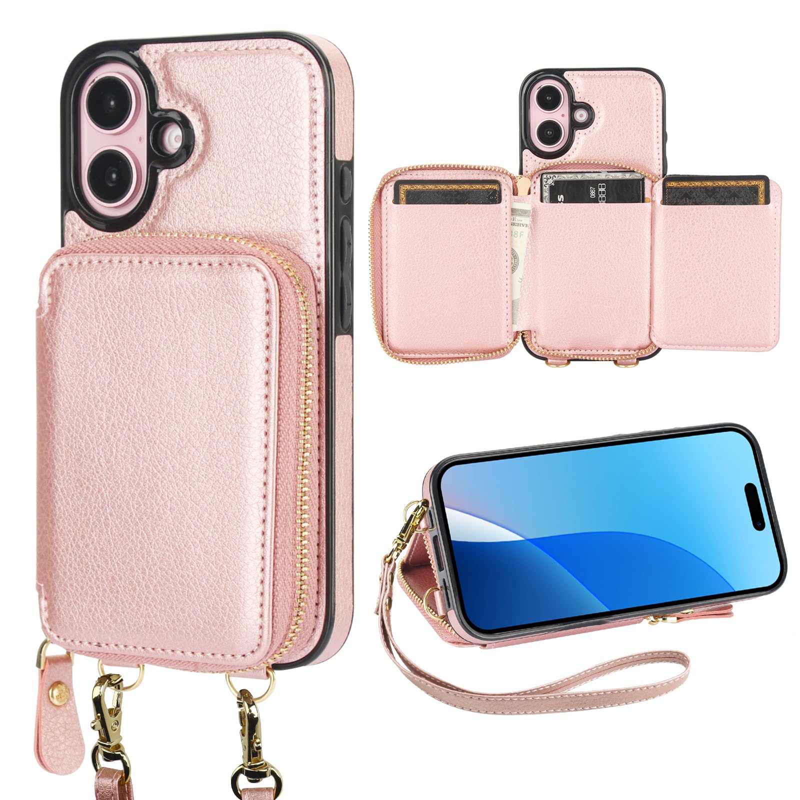 Bocasal RFID Blocking Wallet Case for iPhone 16, Adjustable Crossbody Zipper Purse Case Card Holder with Kickstand Detachable Wrist Strap, PU Leather