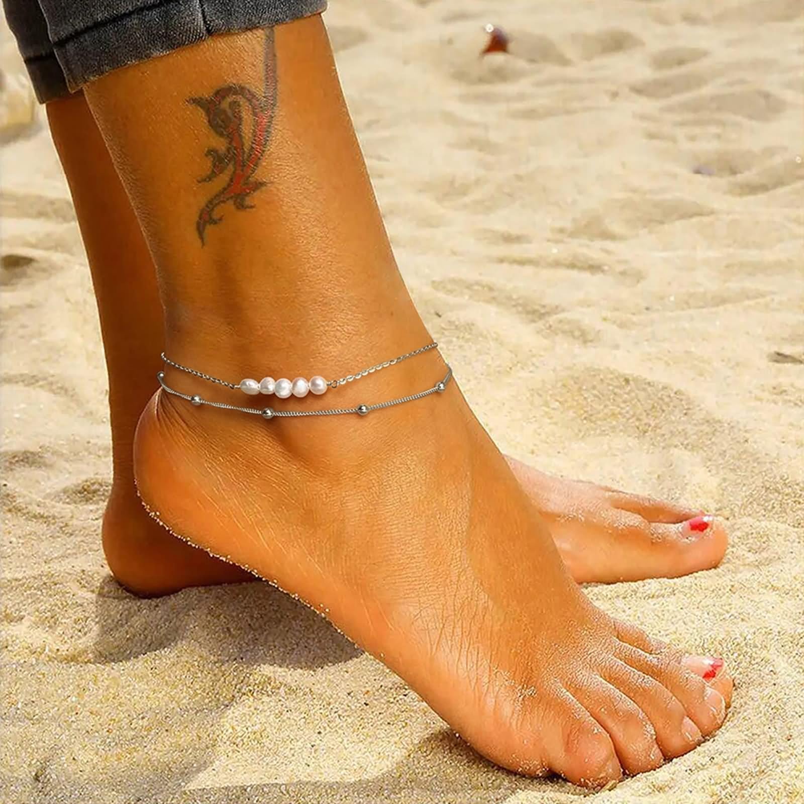 Tobilleras bohemias mujer, tobillera pie mujer, cadena 2 capas cuentas y perlas, plata ley