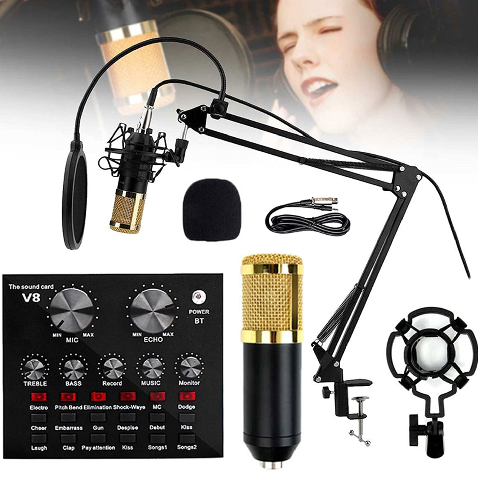 Carte son avec effets en direct Carte son multifonctionnelle en direct, ensemble de microphones pour carte son, ensemble de microphones en métal pour diffusion, support réglable, pour jeux, enreg