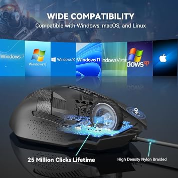 TECKNET Wired Gaming Mouse, 8000 DPI Adjustable Optical Sensor USB Computer Mouse, 6 Programmable Buttons & 6 Chroma RGB Backlit, Ergonomic Mice for Laptop Desktop PC/Mac Mouse - Black