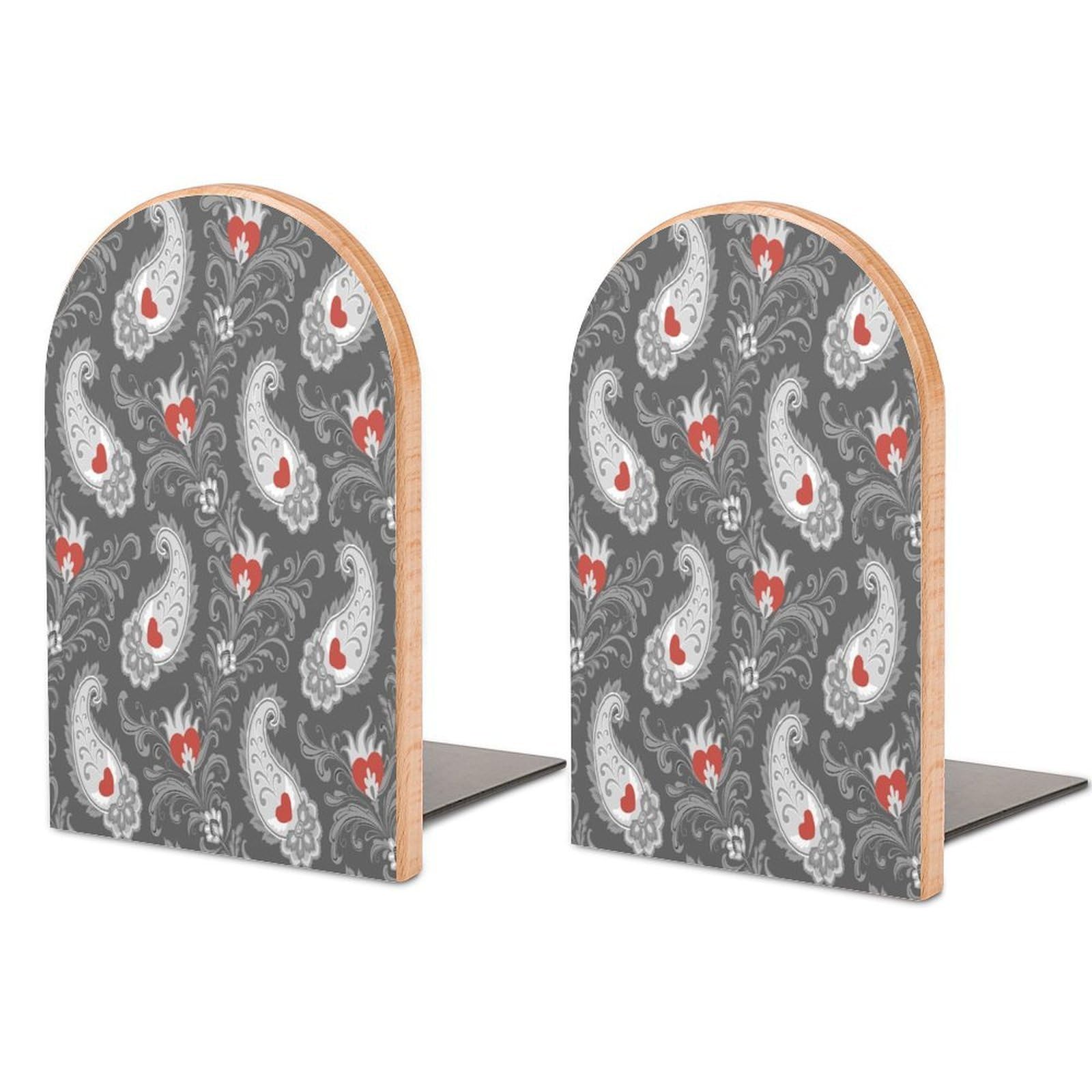 Seamless Stylized Eastern Pattern with Hearts and Paisley. Beech Wood Bookends Heavy Duty Book Organizers Desktop File Holder for Office Home Bookshelf