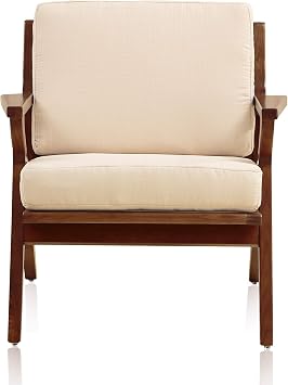 Manhattan Comfort Martelle Mid Century Modern Accent Chair, Removable Twill Fabric Cushions with High Density Foam, Durable Ash Wood Armchair Unique Triangular Arms, Set of 1, Cream