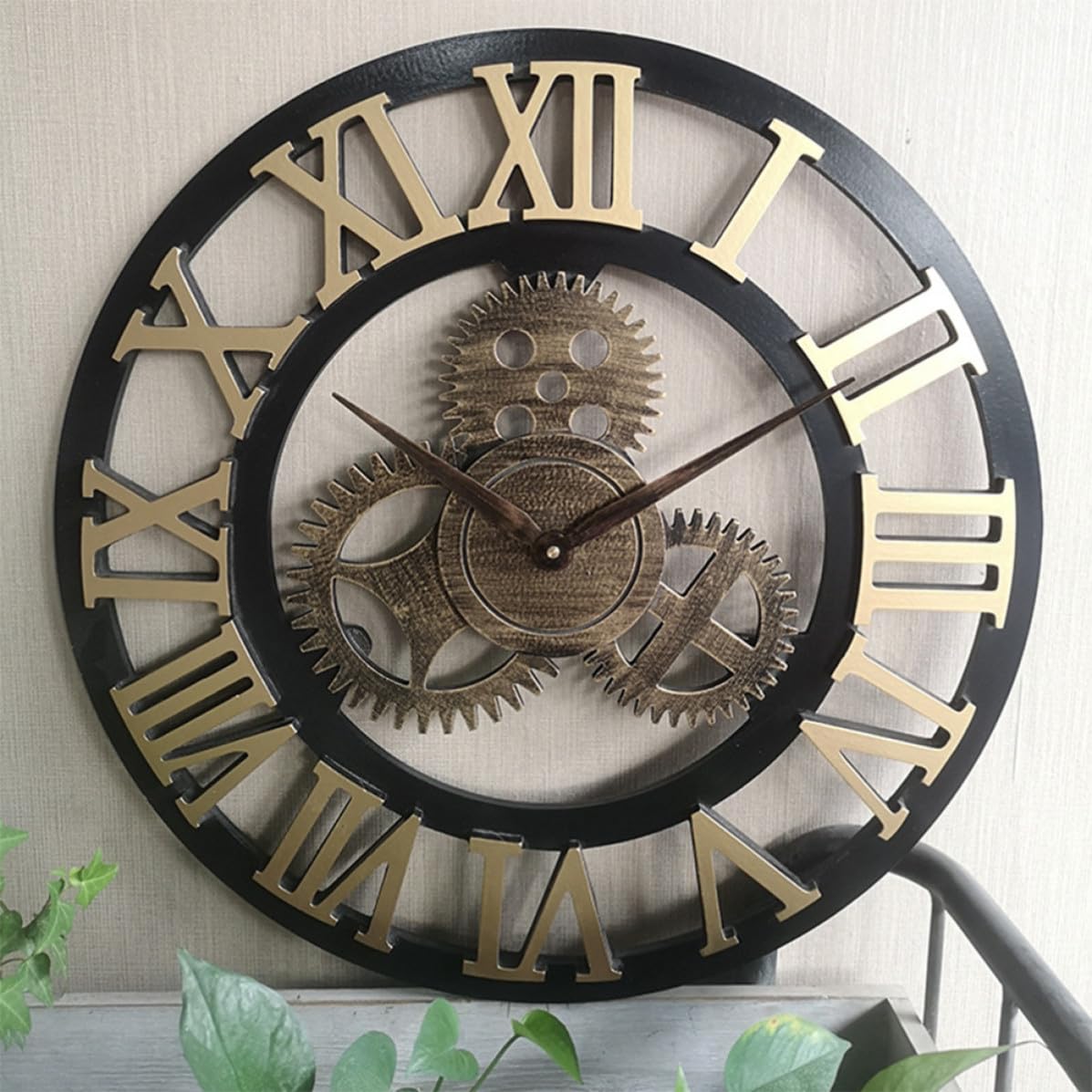 MERRYHAPY Reloj de Pared Silencioso y Preciso en Metal y Madera Industrial Engranajes Giratorios, Diseño Elegante para Sala de Estar o Estudio