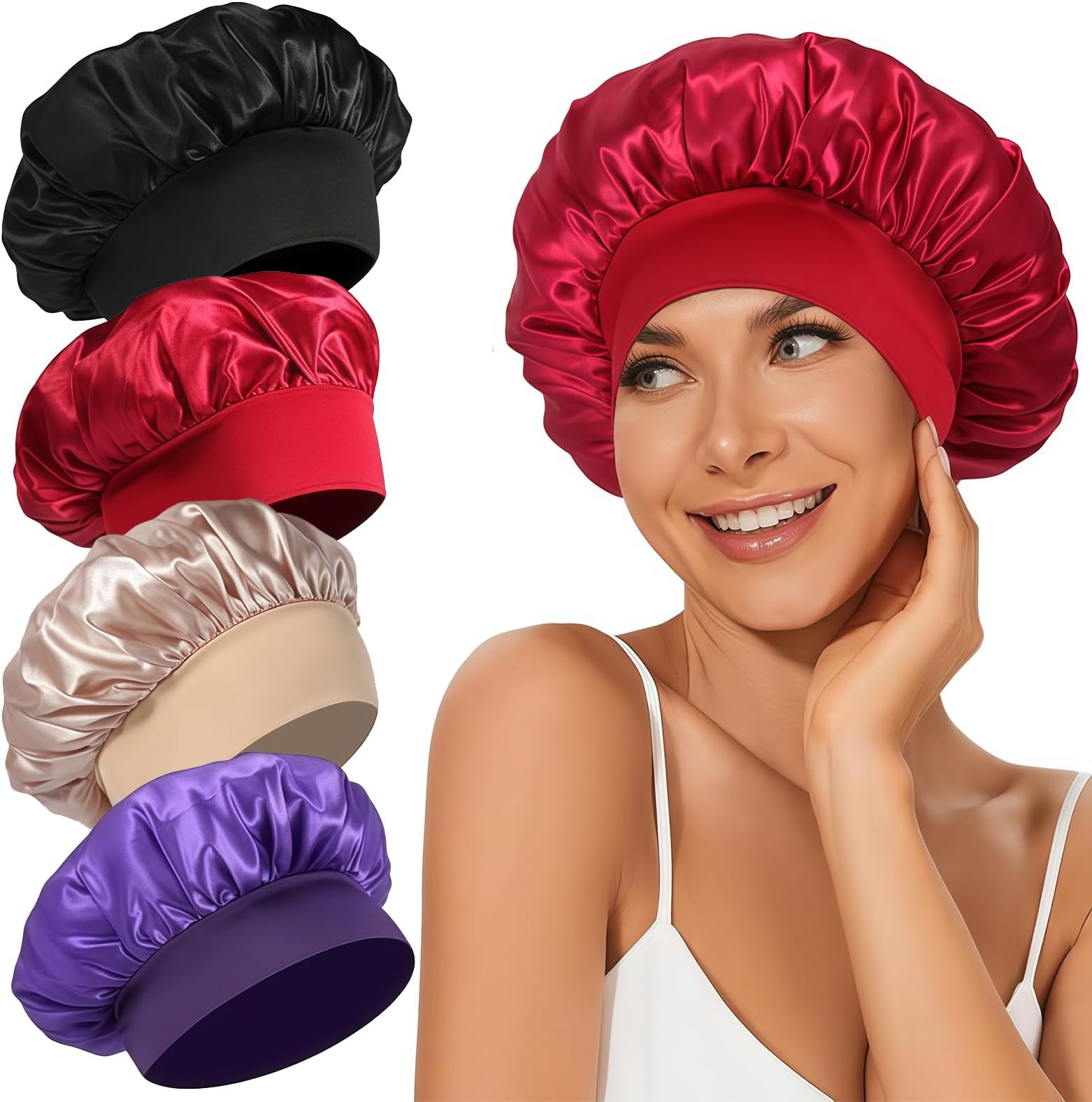 4pcs Satin Bonnet Silk Bonnet Hair Cap for Sleeping, Set-a, 12.6 Inch