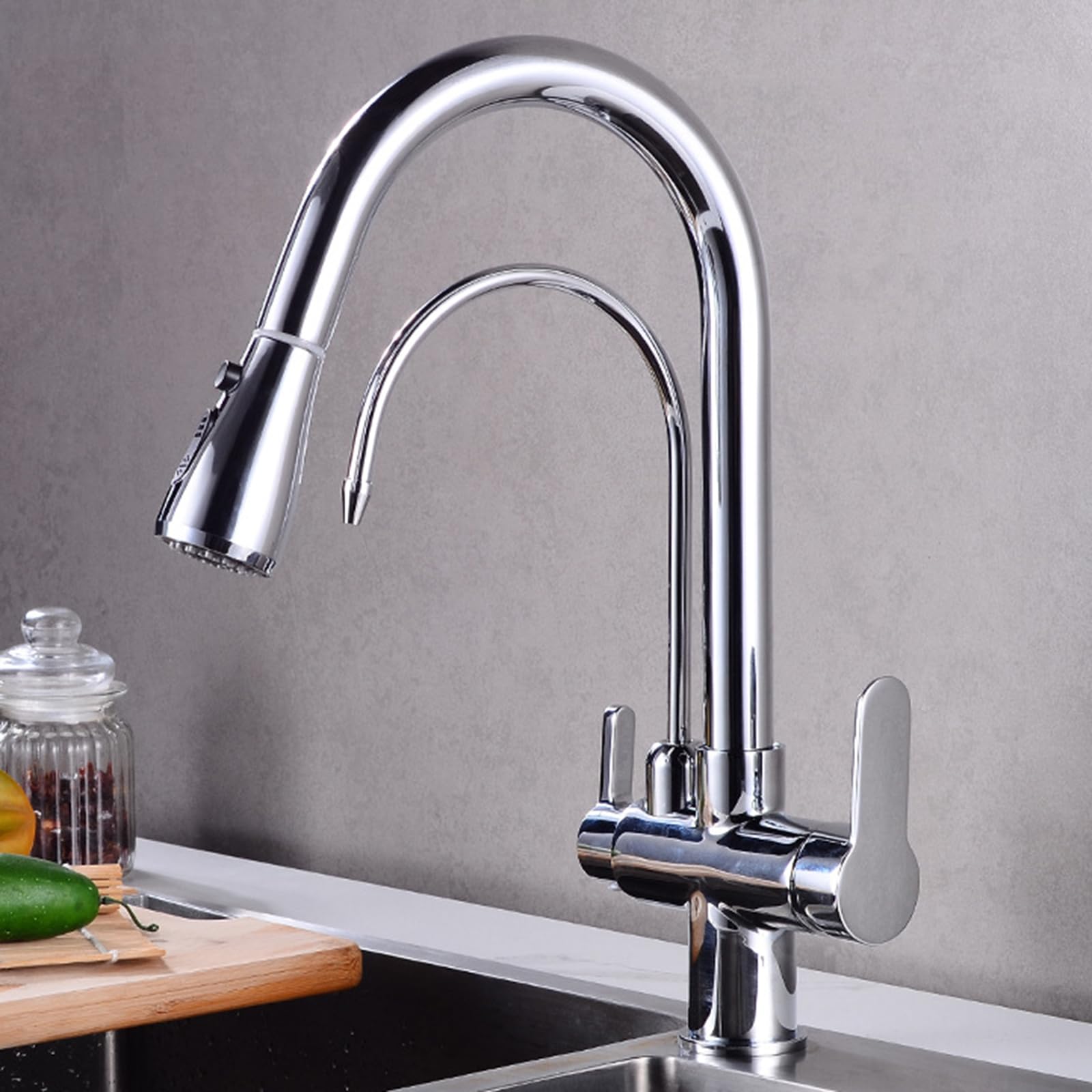 ZYCHSJXA 3 Way Kitchen Tap with Pull Out Sprayer Chrome Gooseneck Mixer Taps Spray Drinking Water Faucet