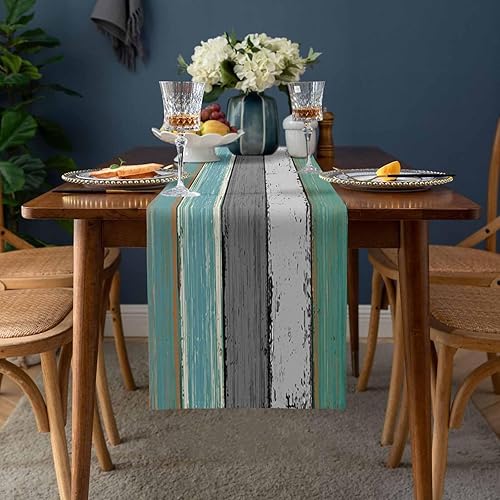 Miniatura 330 de Camino de mesa de algodón y lino estilo granja rústico retro, textura de madera de granero, color degradado marrón y gris, antideslizante,