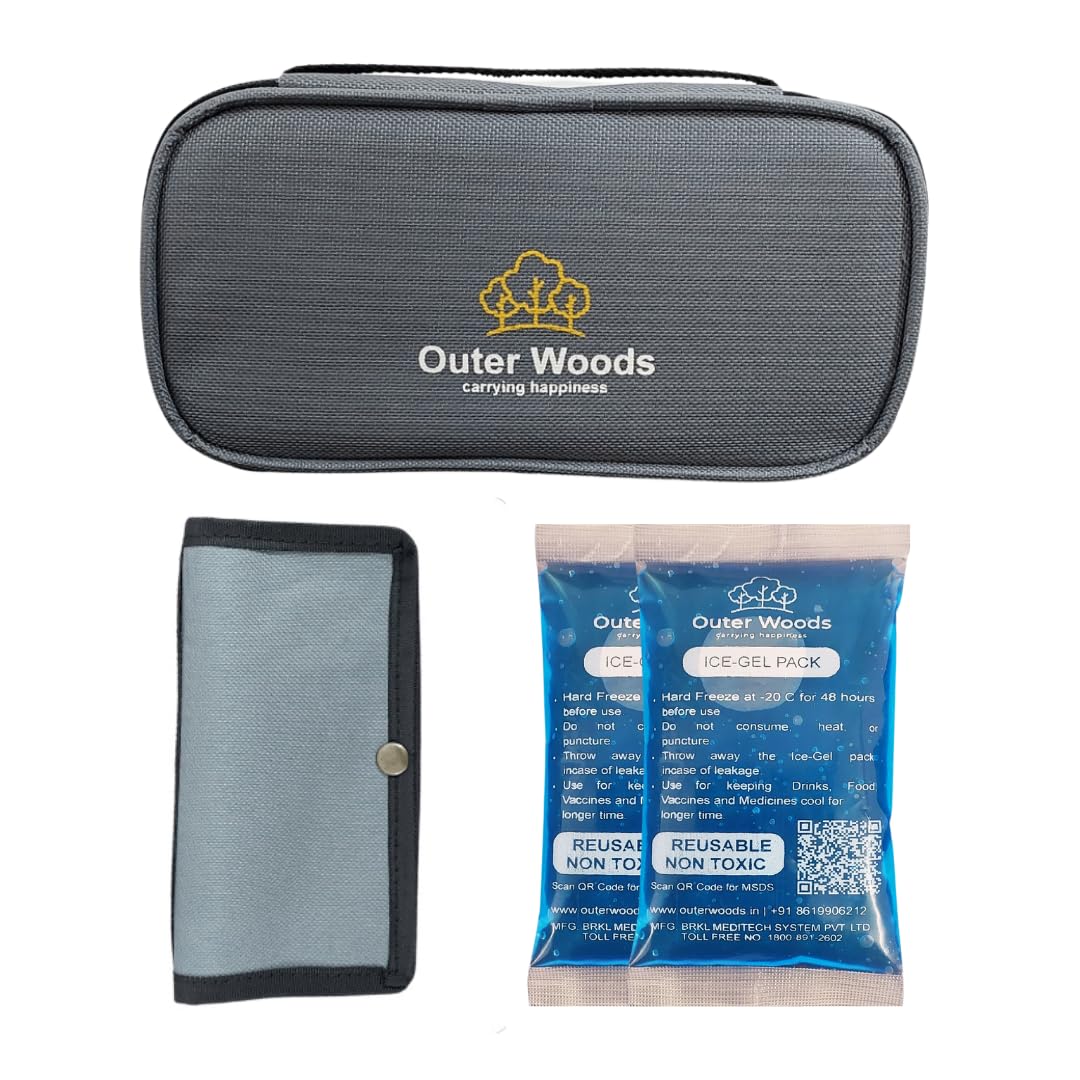 Outer Woods Insulin Cooler Travel Case | Portable Insulin Carrier with 2 Ice Gel Packs | Keeps Insulin Cool for 6-8 Hours | Holds Insulin Pens, Vaccines & Medication | Compact & Waterproof – Grey