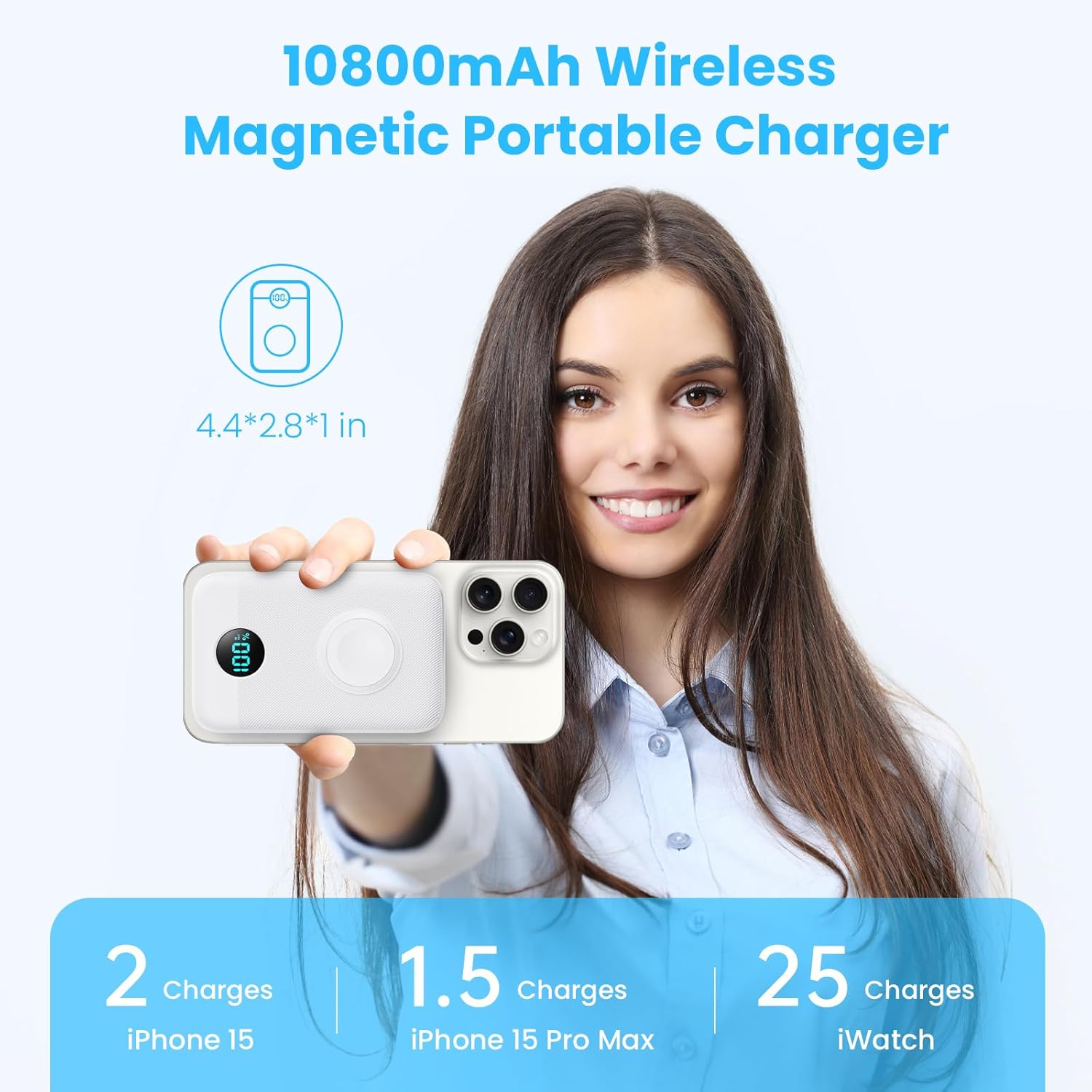 4-in-1 Wireless Magnetic Power Bank 10800mAh Portable Charger with iWatch Charger, QC4.0+20W PD Fast Charging USB C Battery Pack for Magsafe, iPhone 16/15/14/13/12 Series, Apple Watch etc. (White) - Image 2