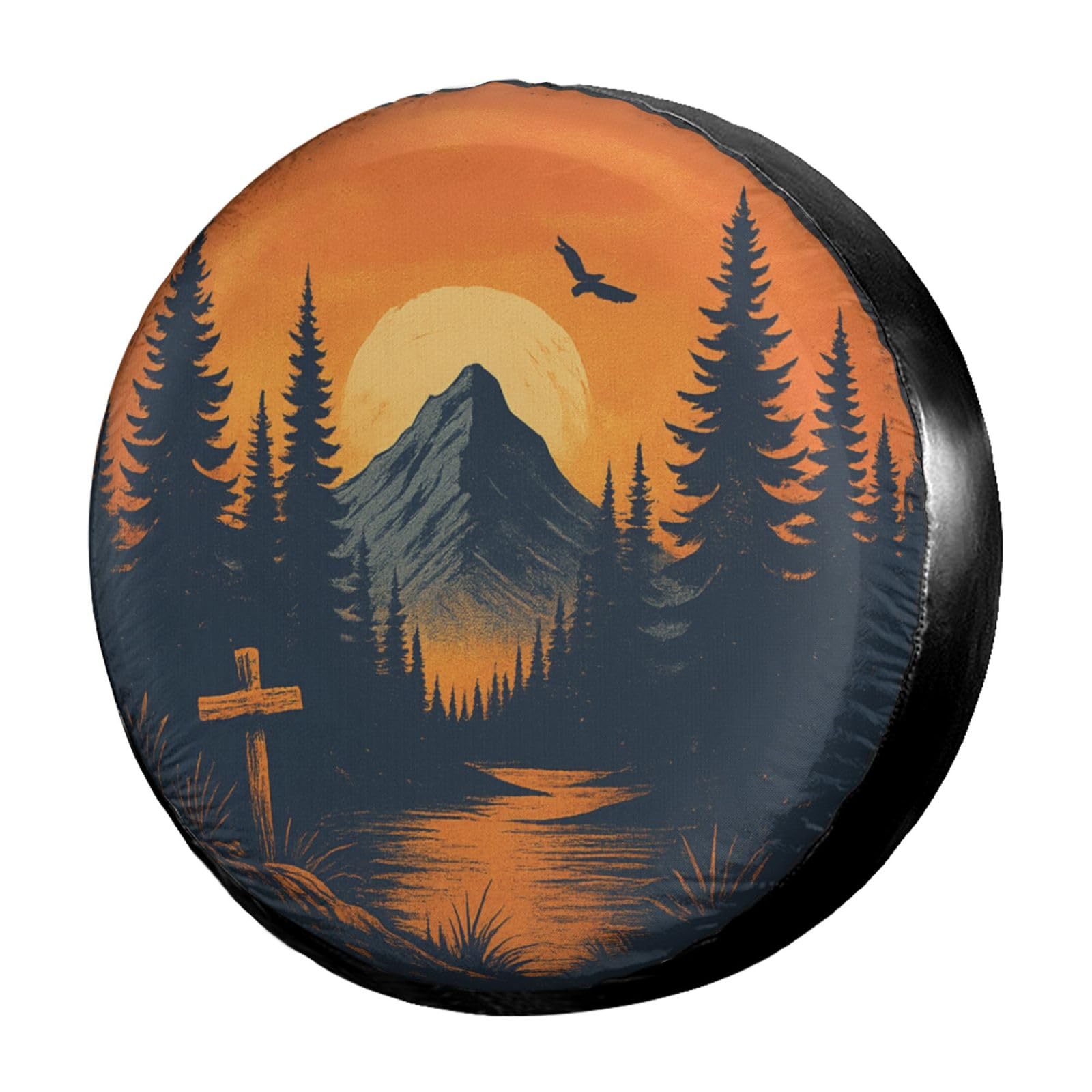Dujiea Cross Mountain Sunset Spare Tire Cover, Universal Wheel Tire Cover Waterproof Dust-Proof Tire Protectors for Trailer Rv SUV Truck Camper and Many Vehicle 14 15 16 17 Inch