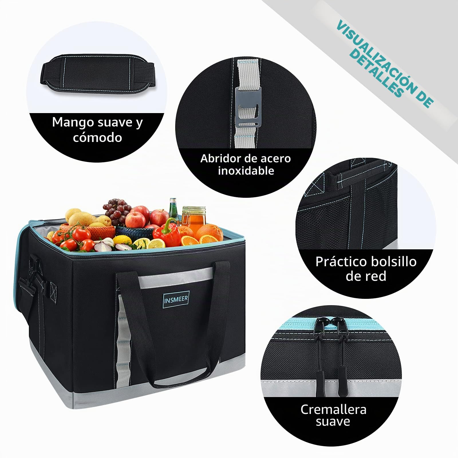 INSMEER Bolsa térmica Grande 65 latas, a Prueba de Fugas aislada Plegable fácil de Limpiar con abridor de Botellas y Correa de Hombro extraíble, Adecuada para Playa,Picnic,Compras,Camping, 48 L