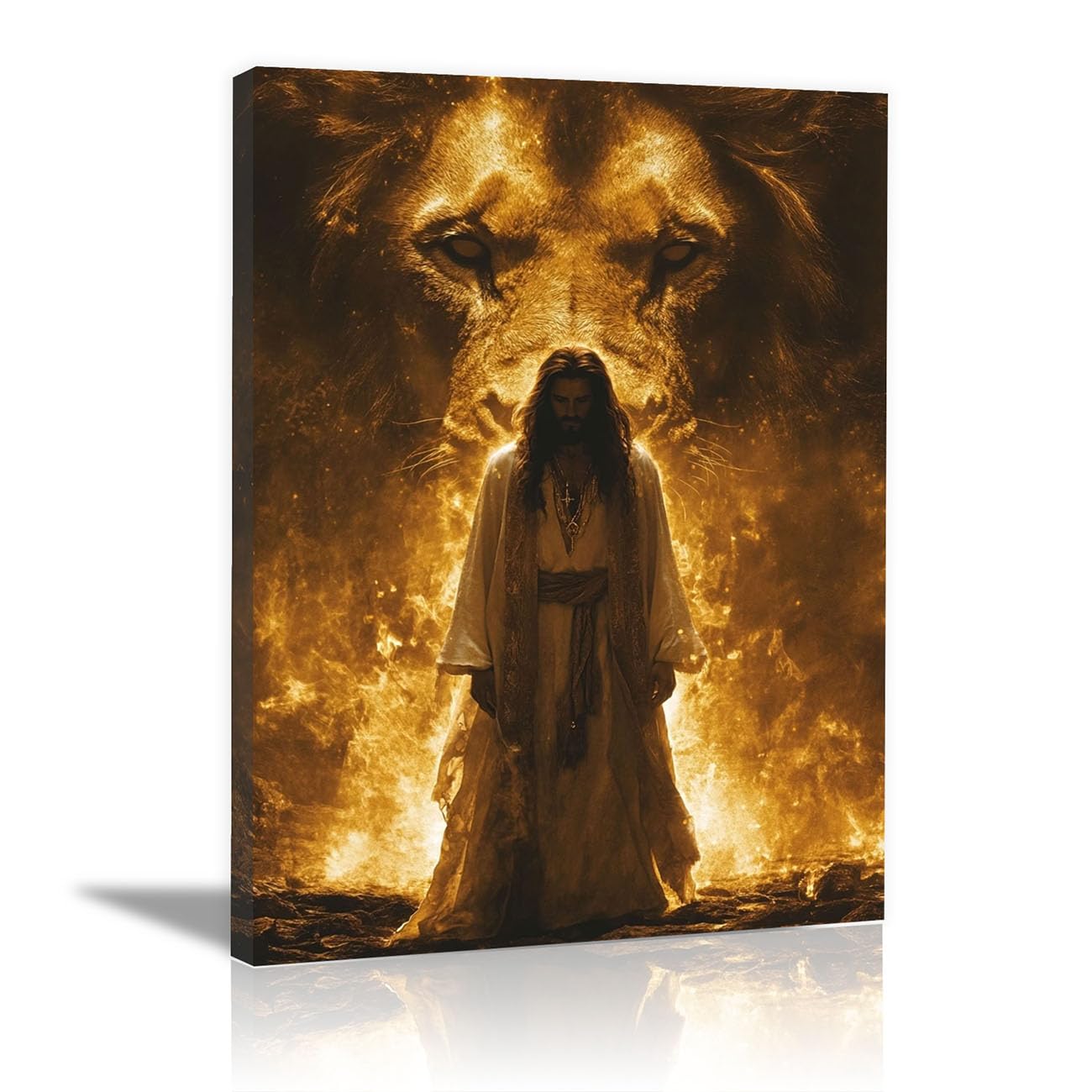 QUSAAOU Canvas Wall Art Jesus Abstract Christ with Animals icture Christianity Cross Poster Print Painting for Living Room Bedroom Prayer Room Home Decorate(yellow)-70x100cm Framed