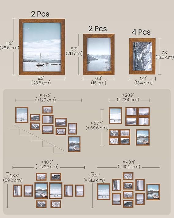 SONGMICS Picture Frames, Collage Picture Frames Set of 10, Two 8x10, Four 5x7, Four 4x6, Photo Frame for Wall Gallery Decor, Table Display, Glass, Rustic Brown URPF010X01